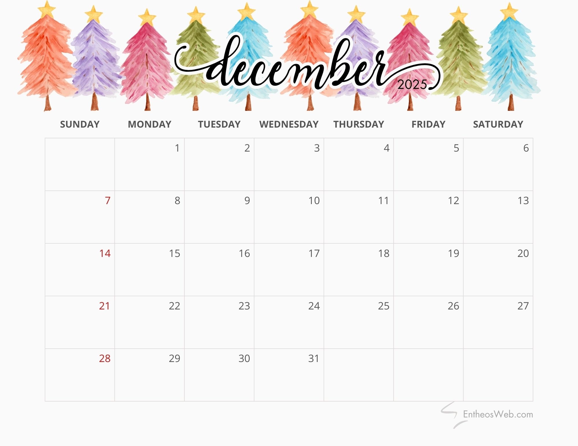 December 2025 Calendar Desktop