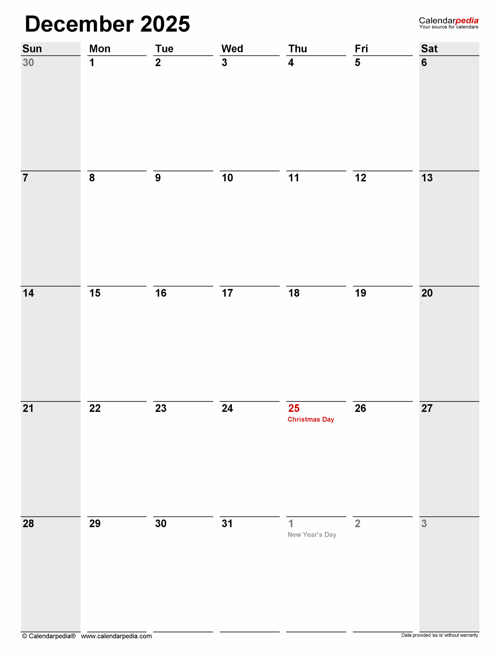 December 2025 Calendar Templates For PDF Excel And Word