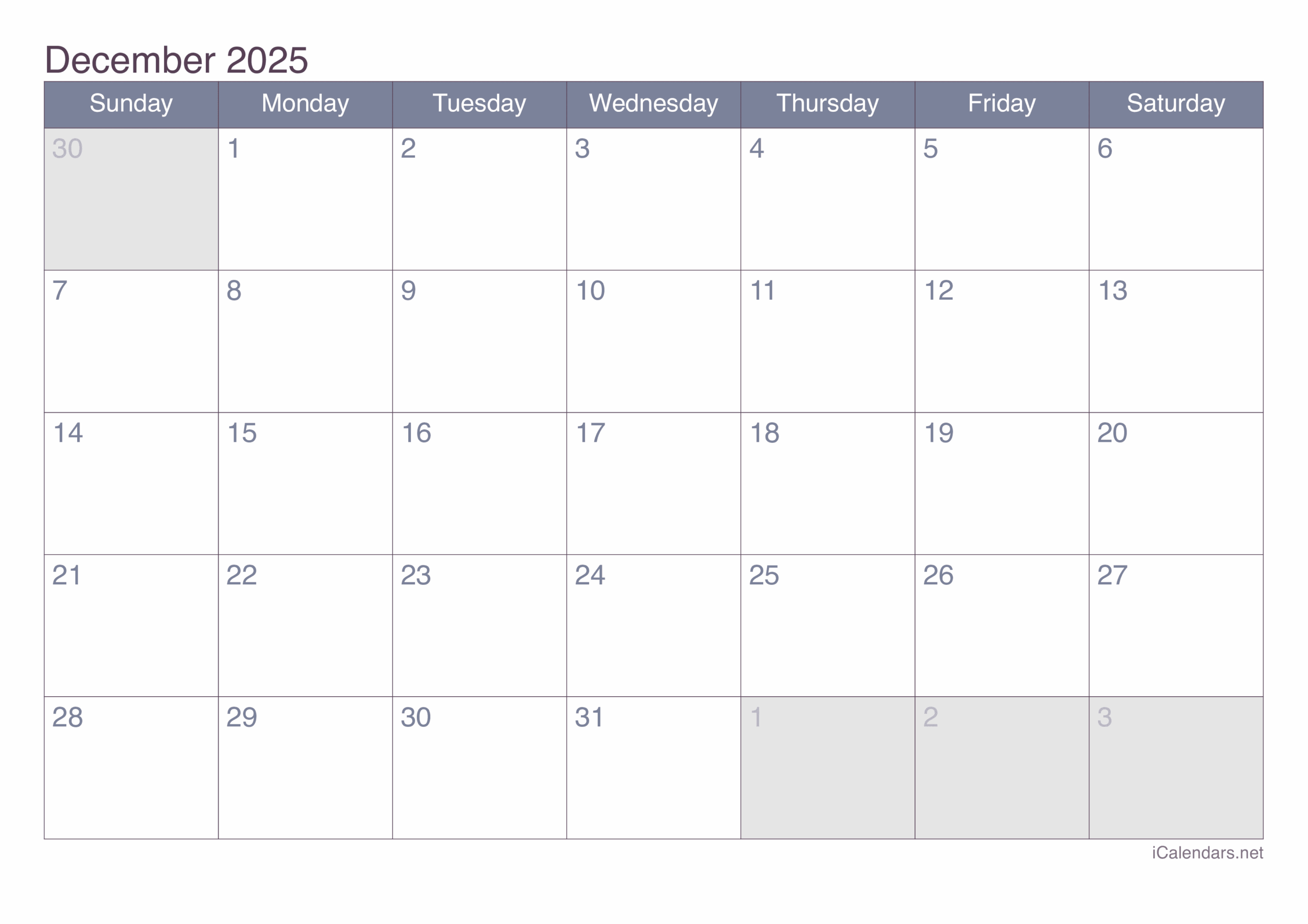 Calendar Template December 2025