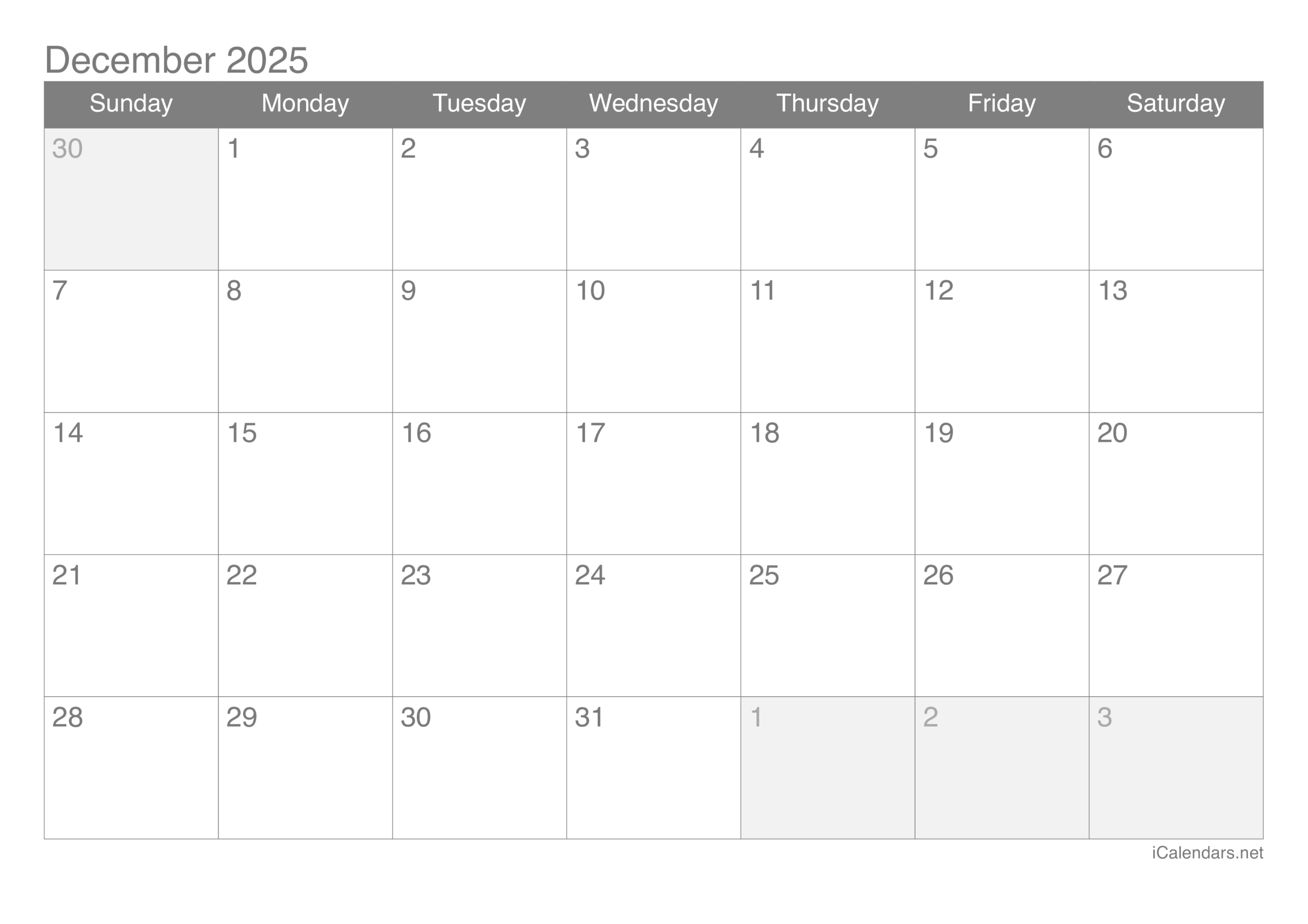 December Month 2025 Calendar
