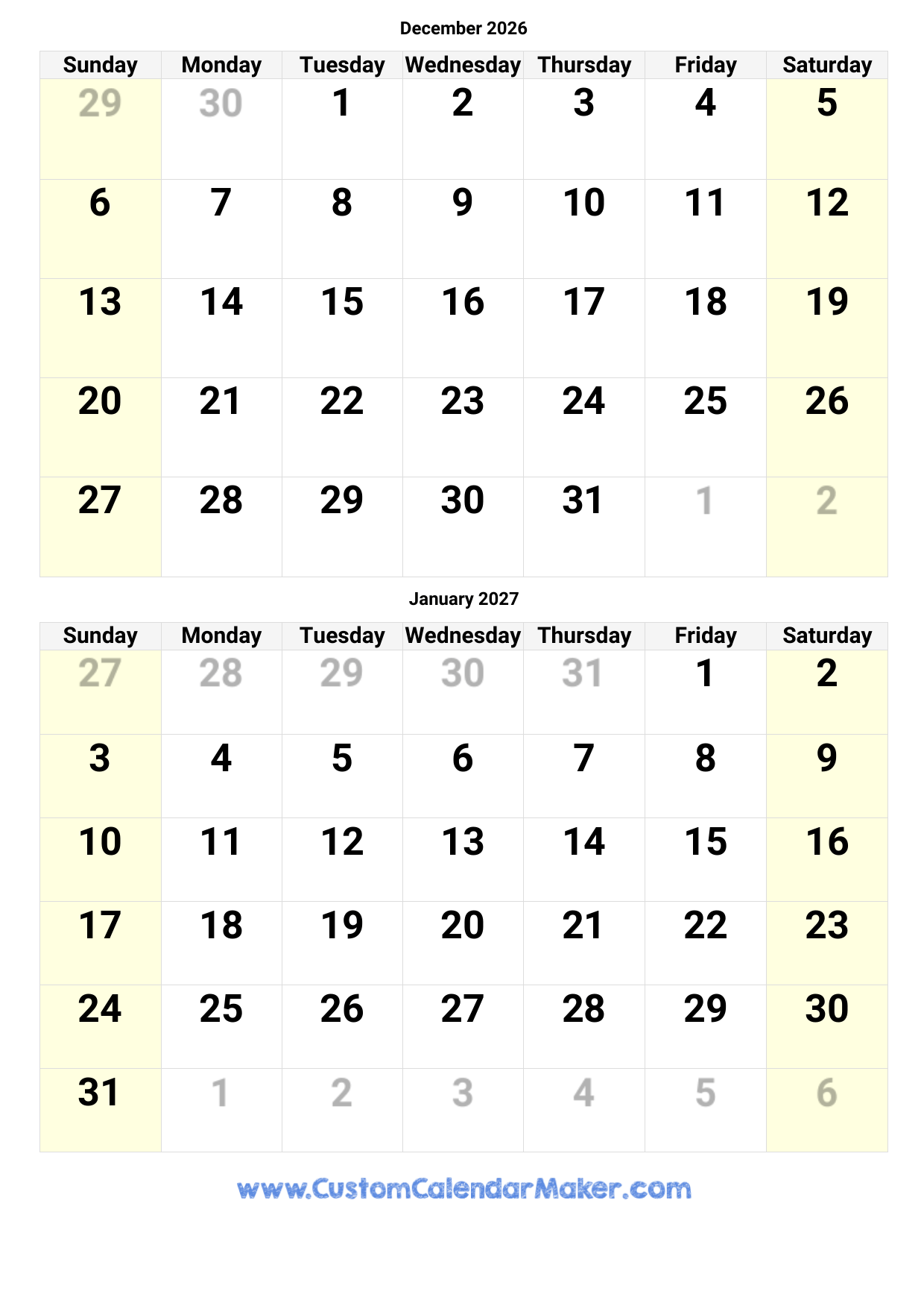 December January 2026 Calendar
