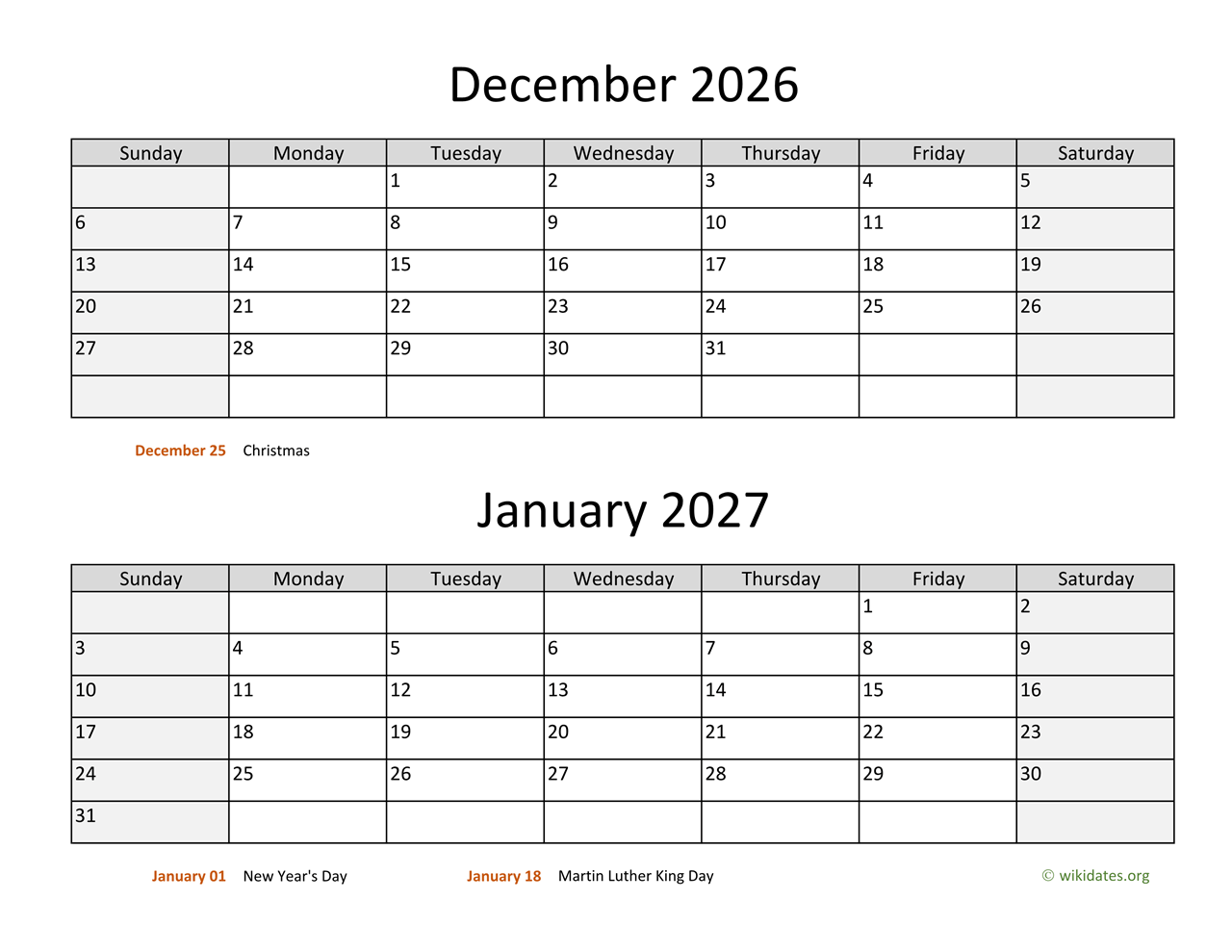December And January Calendar 2026