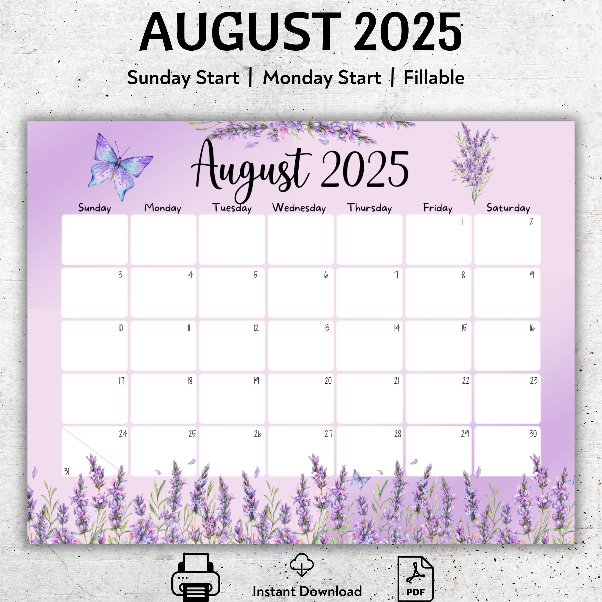 EDITABLE August 2025 Calendar Beautiful Butterfly And Lavender Printable Vacation Planner August Monthly Schedule Instant Download Etsy
