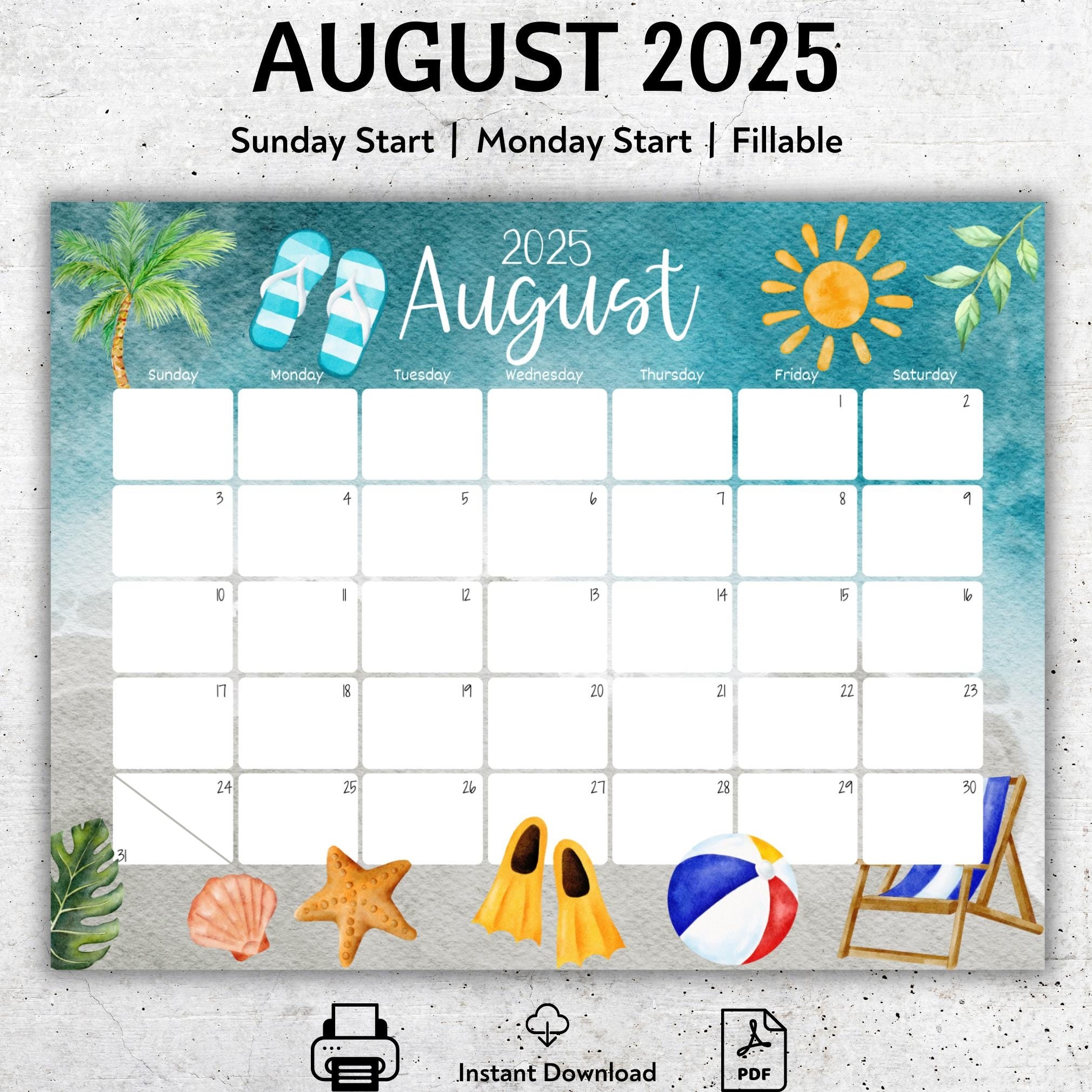 EDITABLE August 2025 Calendar Beautiful Summer Beach Sun Flip 