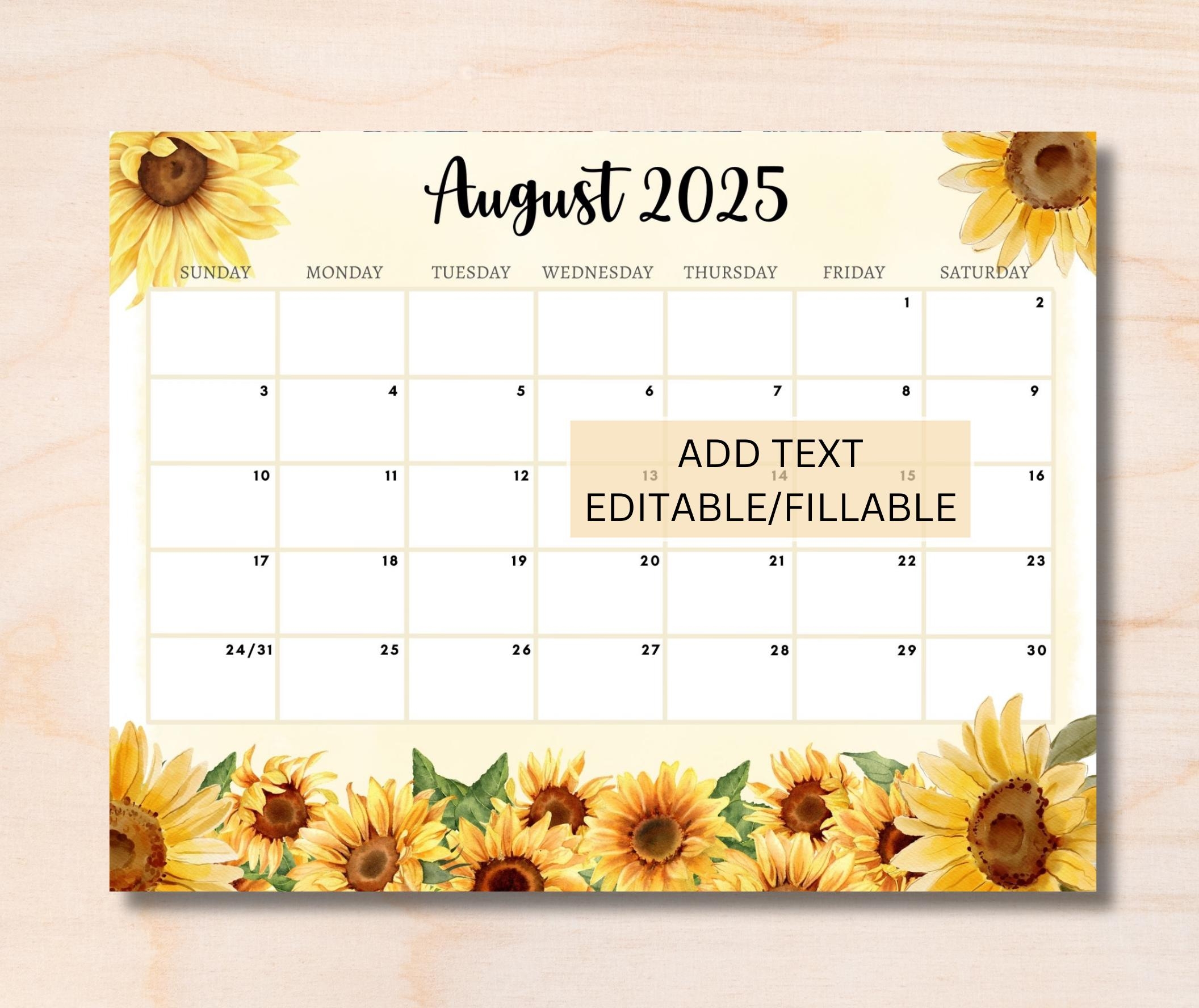 EDITABLE August 2025 Calendar Printable Monthly Calendar W 