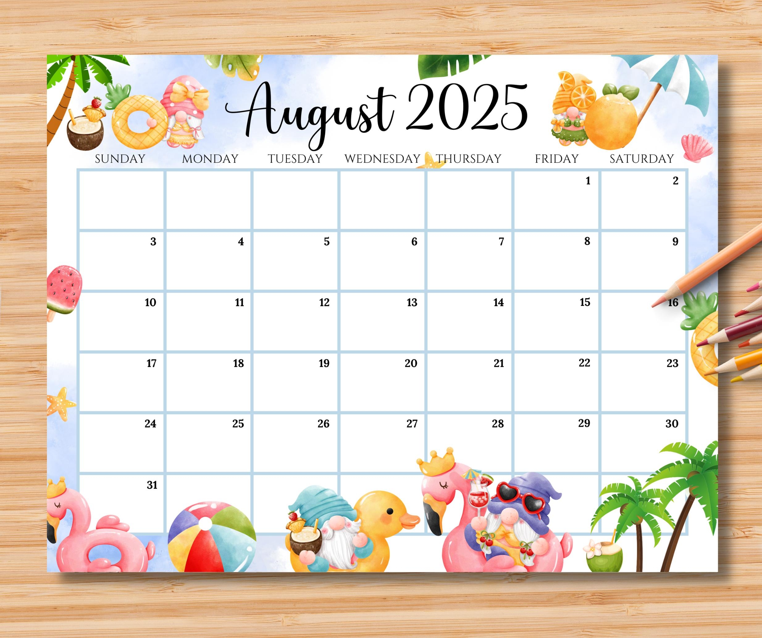 EDITABLE August 2025 Calendar Relaxing Summer At The Beach With Cute Gnomes Printable Fillable Planner For Home U0026 Work Instant Download