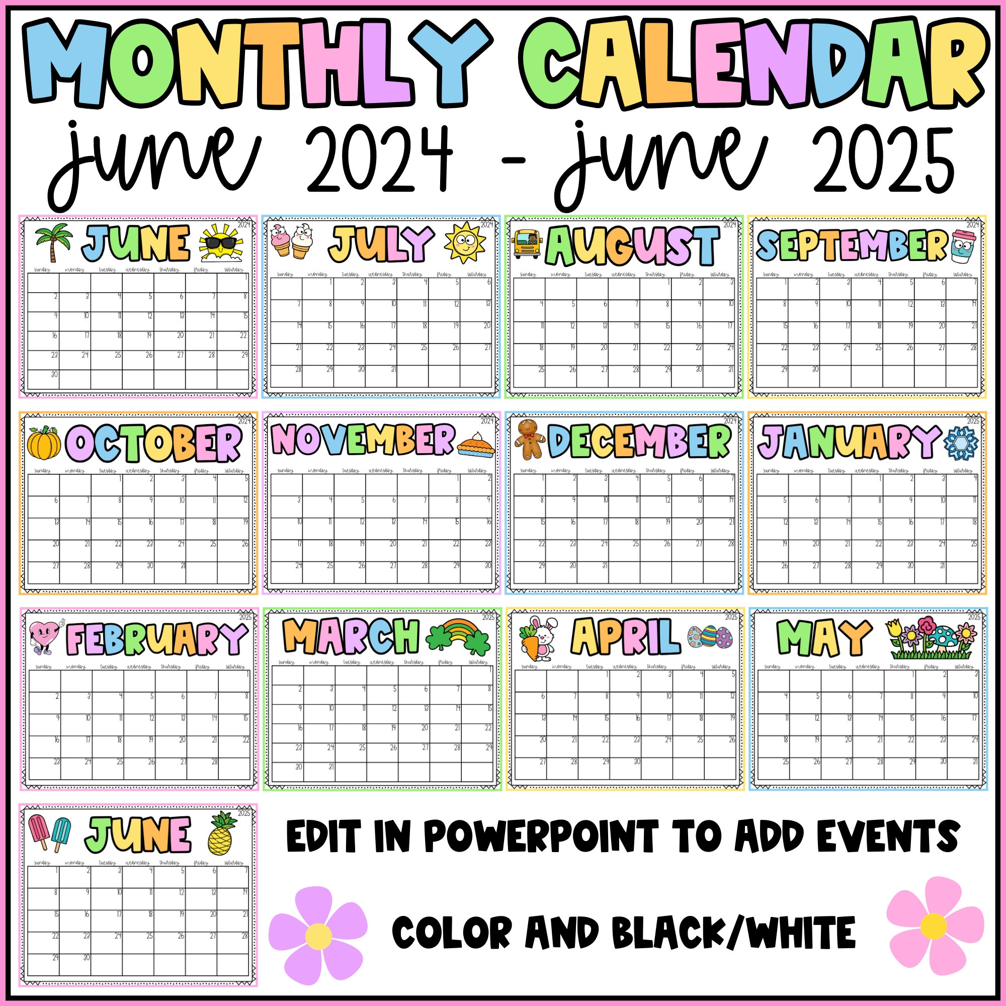 Editable Calendar June 2024 june 2025 Rainbow Themed Monthly 