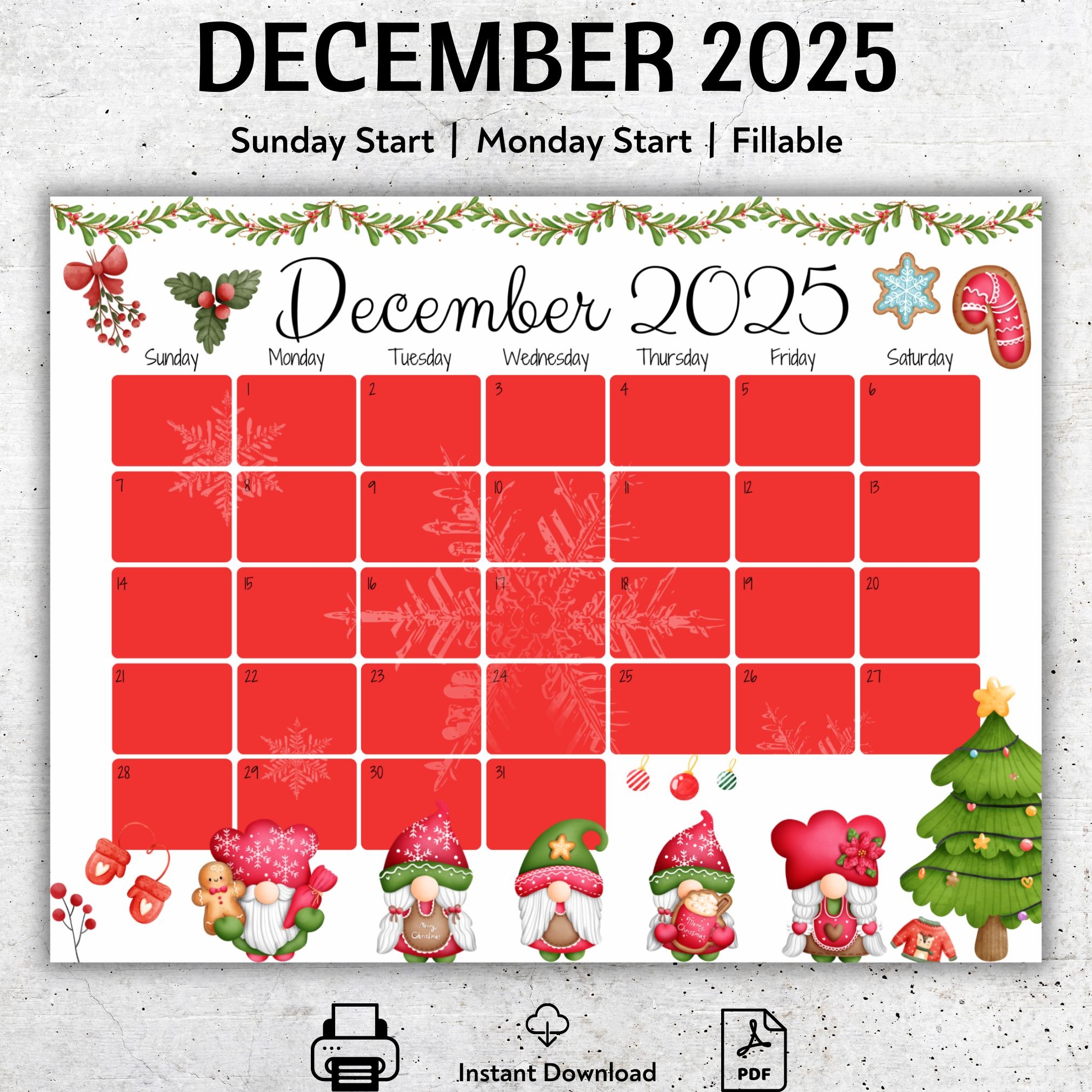 EDITABLE December 2025 Calendar Happy Christmas Cute Gnomes Printable Fillable Monthly Planner Kids Weekly Schedule Homeschool Planner Etsy UK