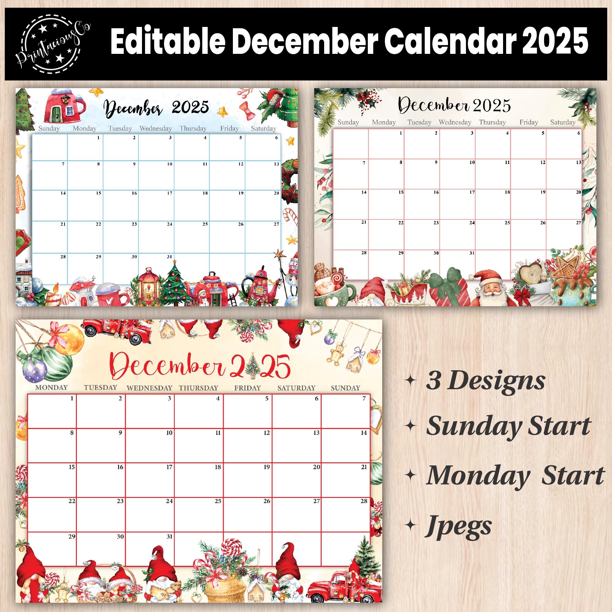 Editable December 2025 Calendar Printable Wall Calendar 2025 Fillable Monthly Planner Sunday U0026 Monday Start Kids Calendar 2025 Etsy New Zealand