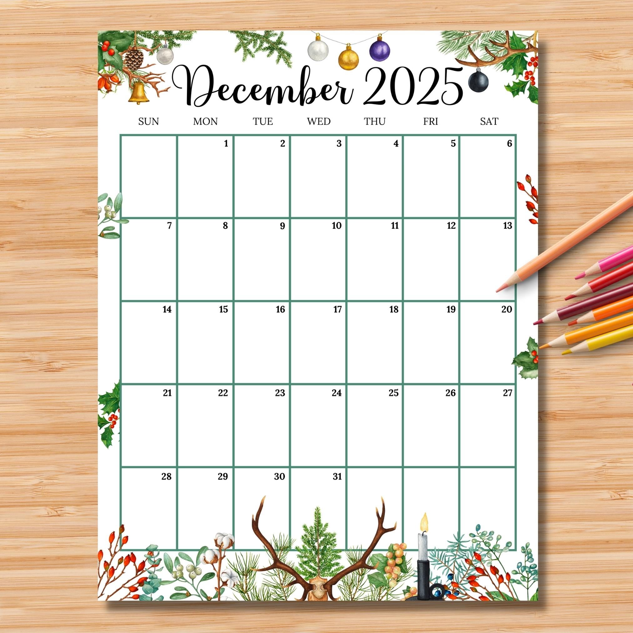 EDITABLE December 2025 Calendar vertical portrait Colorful 