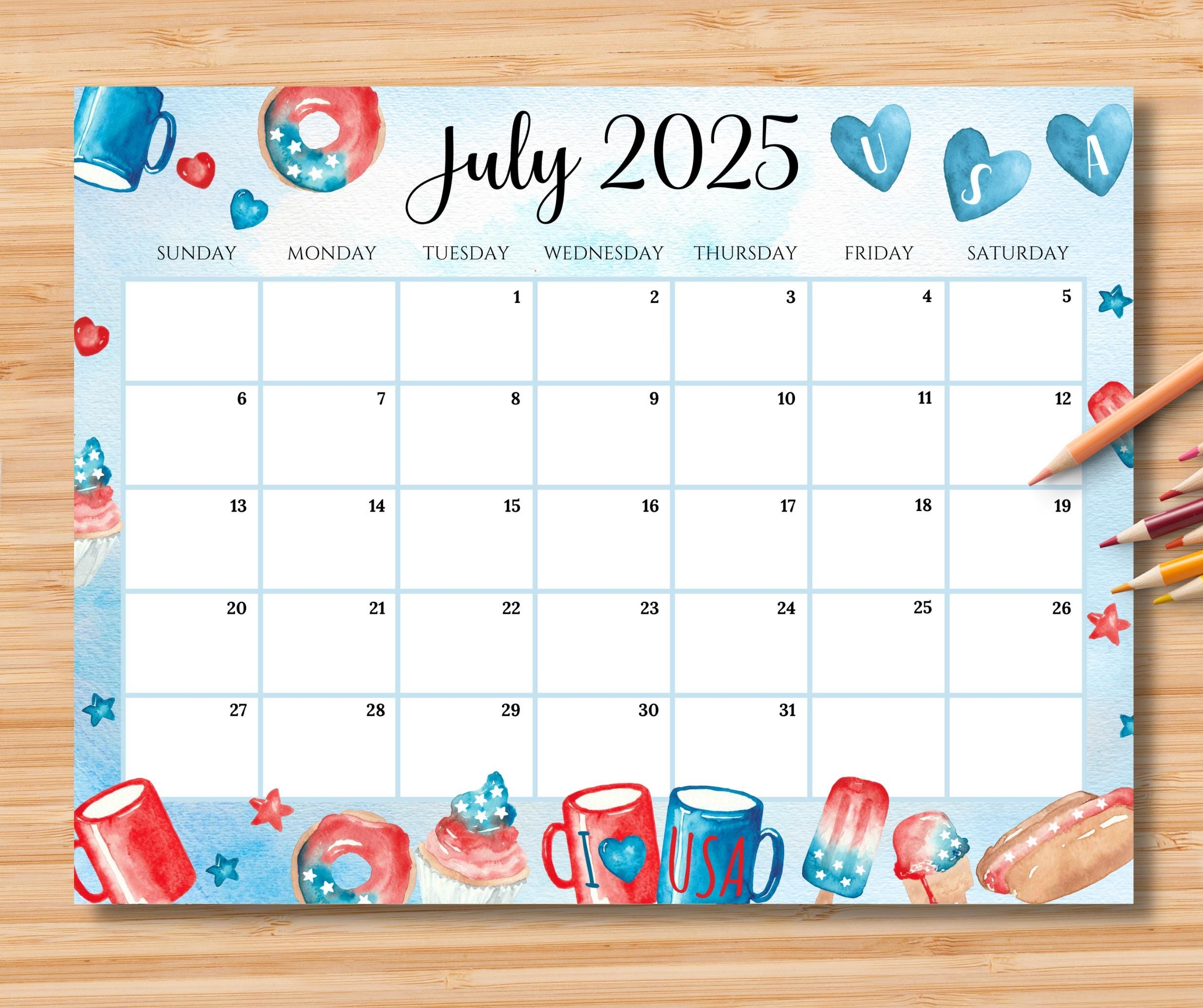 EDITABLE July 2025 Calendar 4th Of July Independence Day Planner Cute Printable Schedule For Kids Home Work U0026 Office Instant Download Etsy Australia
