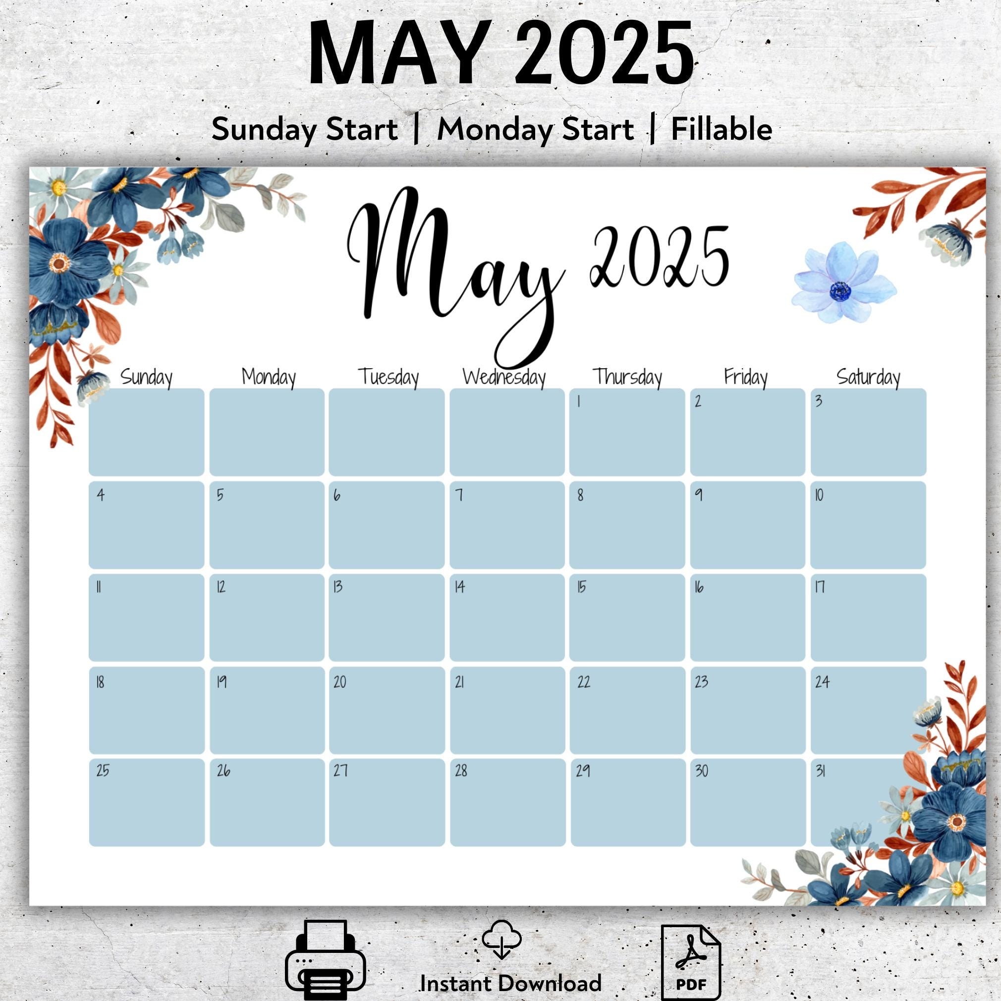 EDITABLE May 2025 Calendar 2025 May Fillable Calendar Printable 