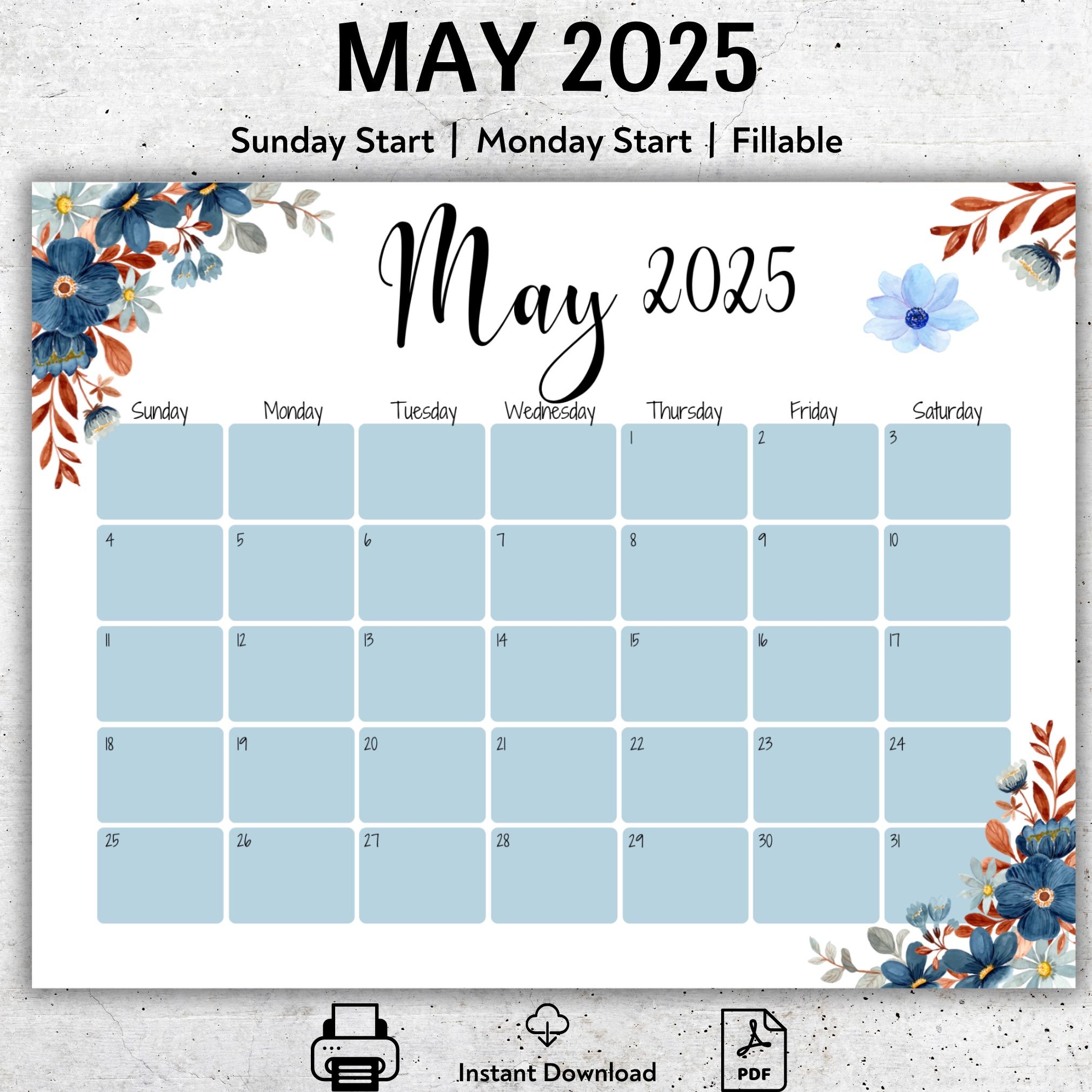EDITABLE May 2025 Calendar 2025 May Fillable Calendar Printable May Planner College Planner Homeschool Monthly Planner Blue Flowers Etsy