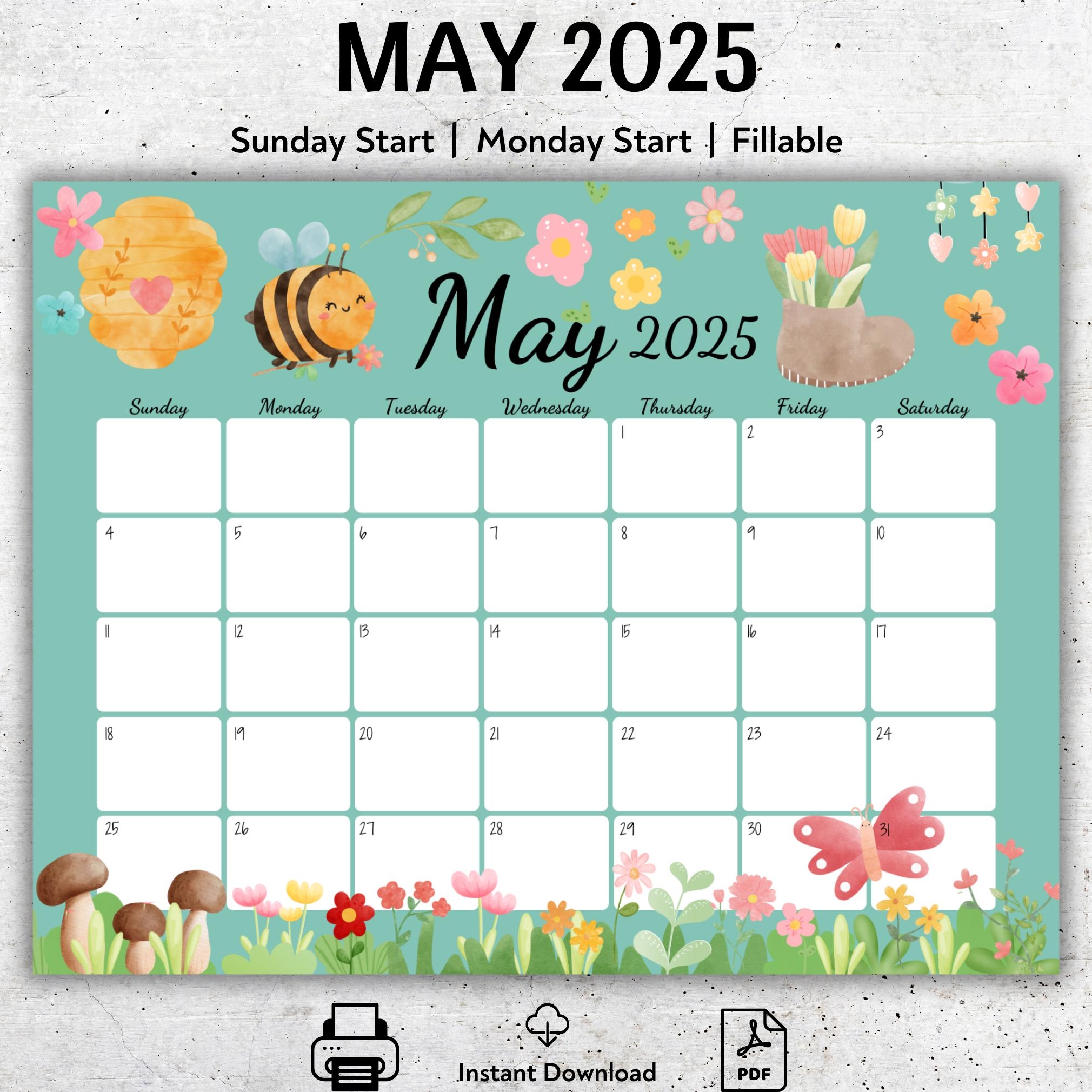 EDITABLE May 2025 Calendar Beautiful Spring Colorful Flowers 