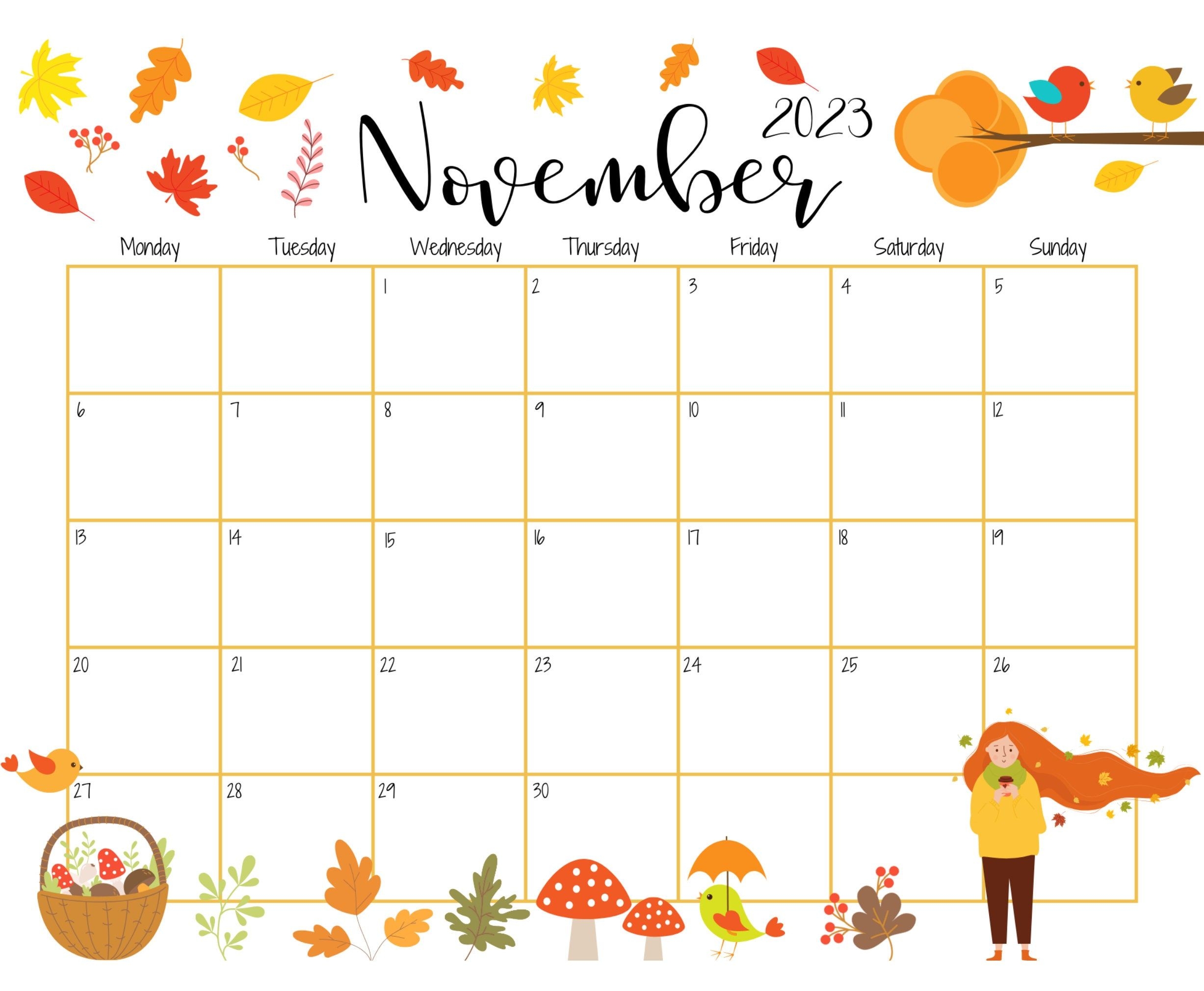EDITABLE November 2025 Calendar Fall Foliage Calendar For Women 