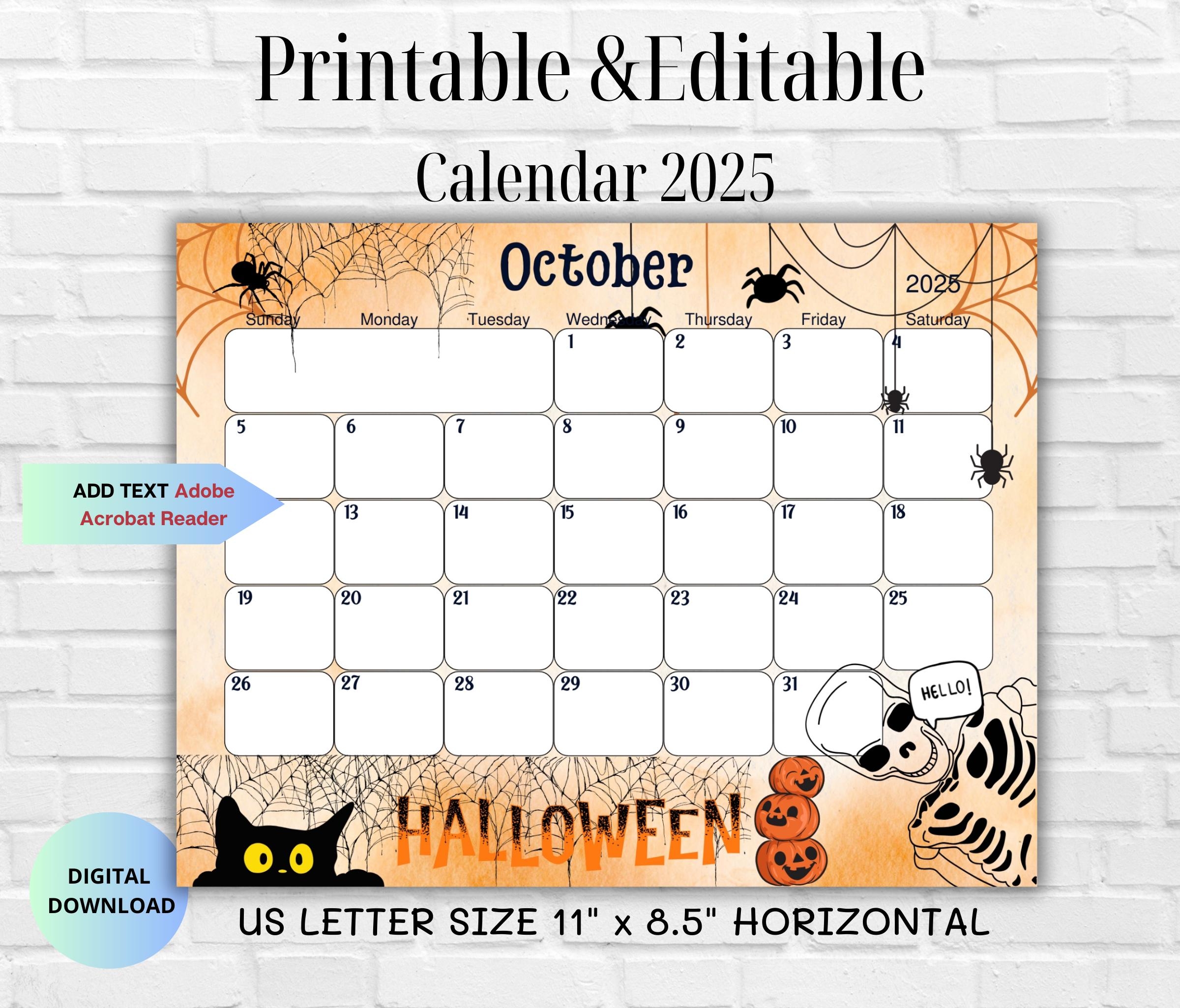 Editable Printable October 2025 Calendar cute Spooky Halloween 