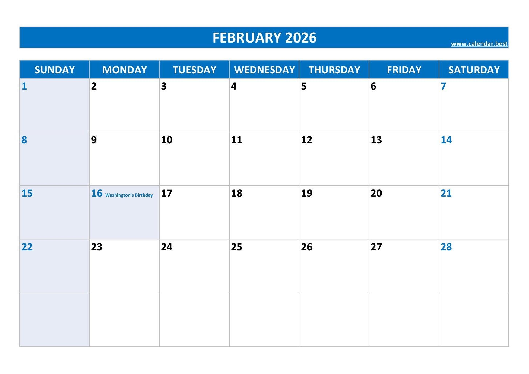 February Calendar With Holidays 2026