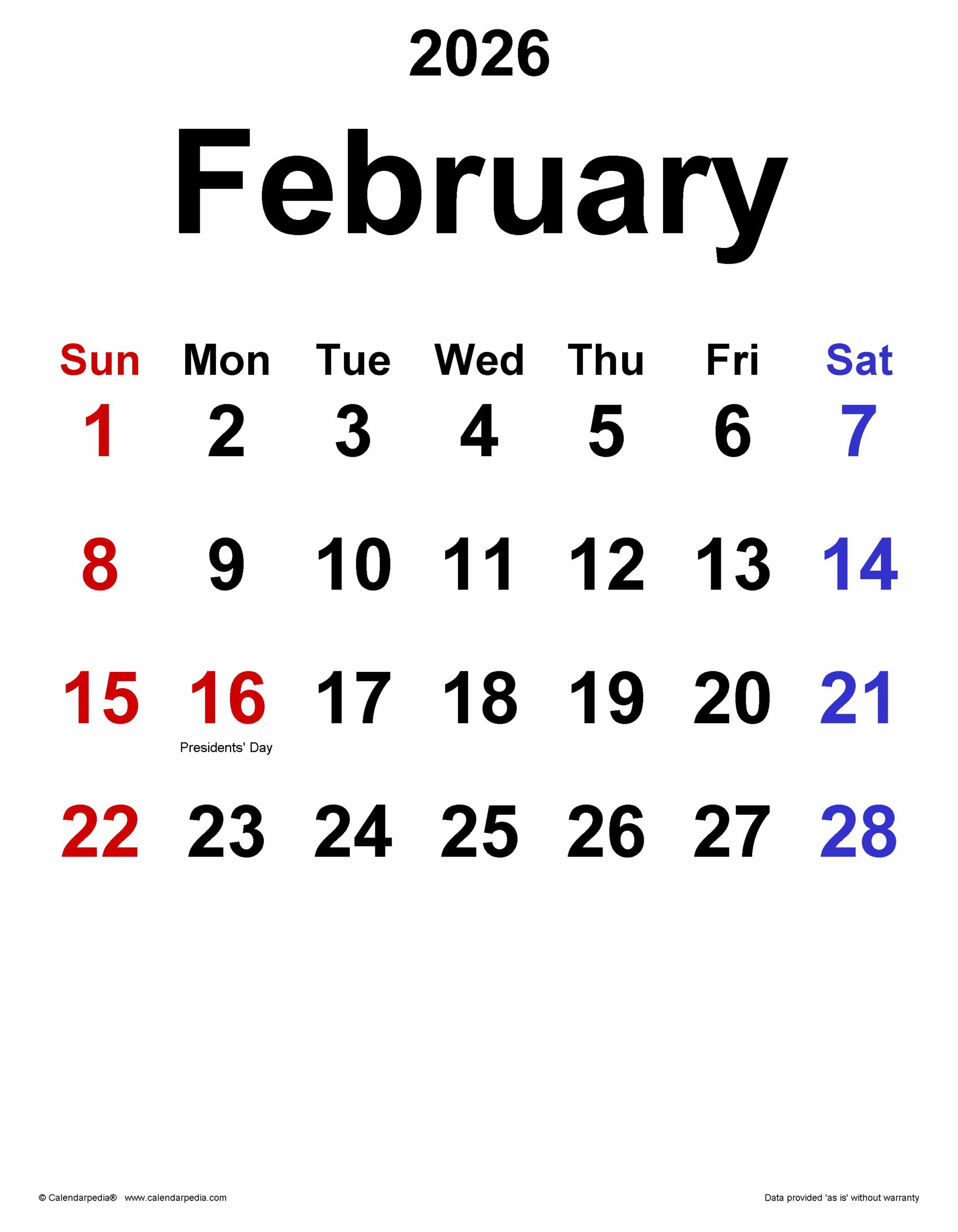Calendar February 2026 With Holidays