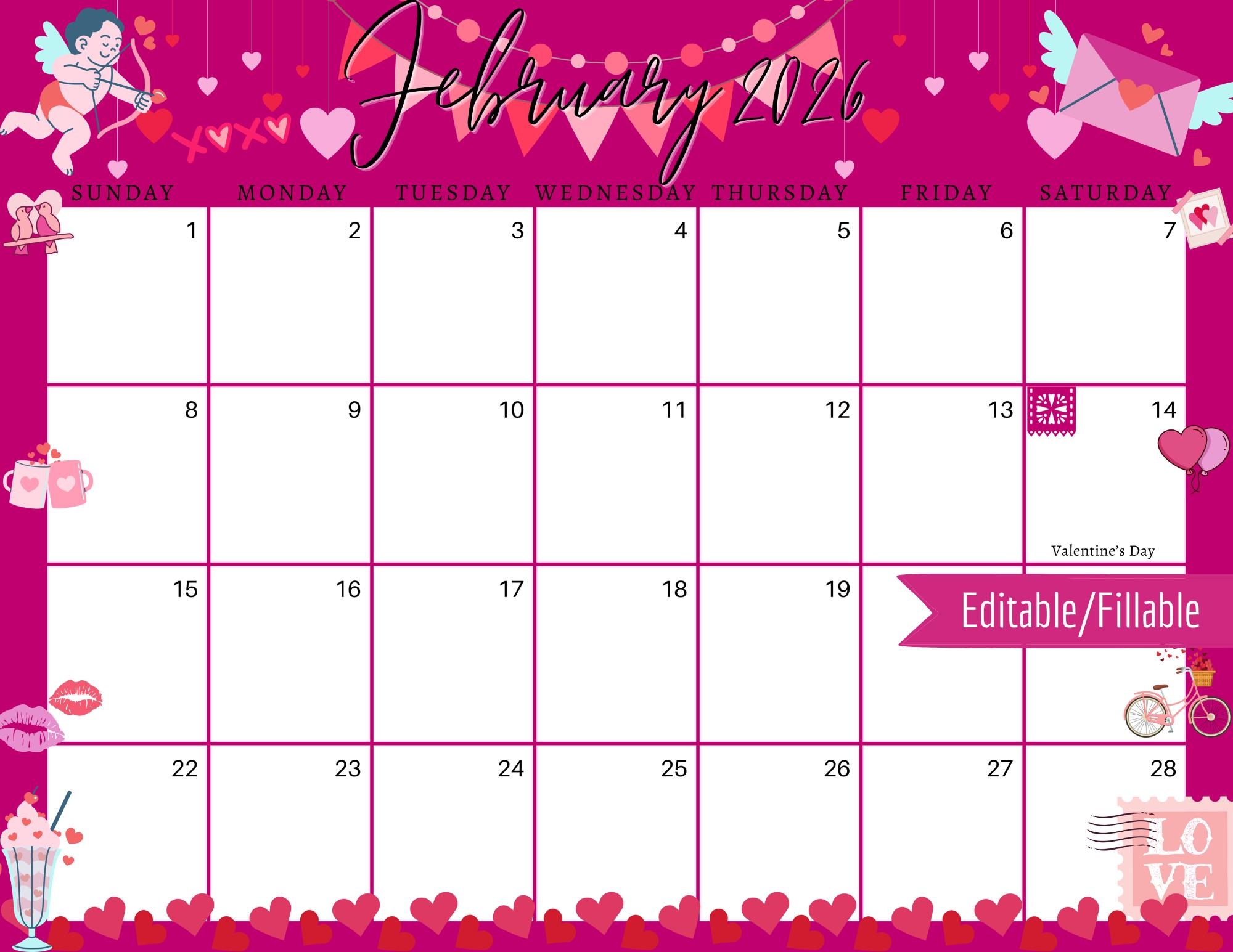 Editable Calendar February 2026