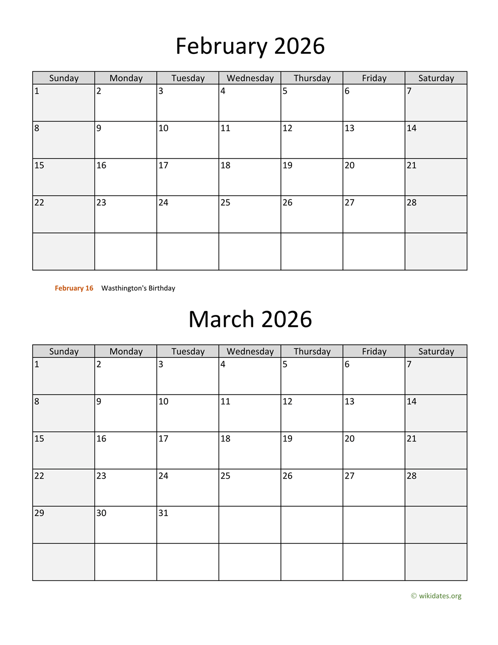 Feb March April 2026 Calendar Printable