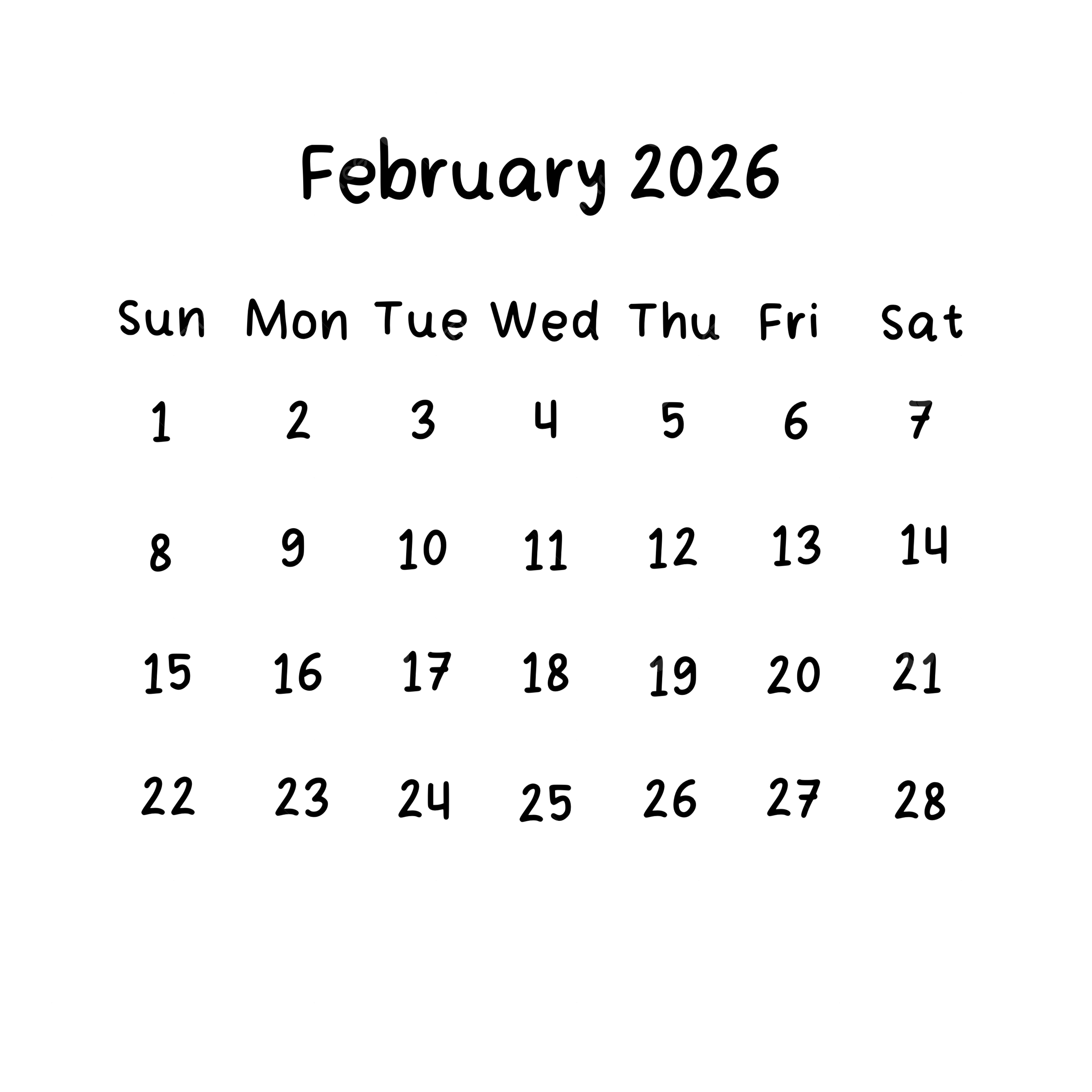 February Monthly Calendar 2026 In Black Color February 2026 
