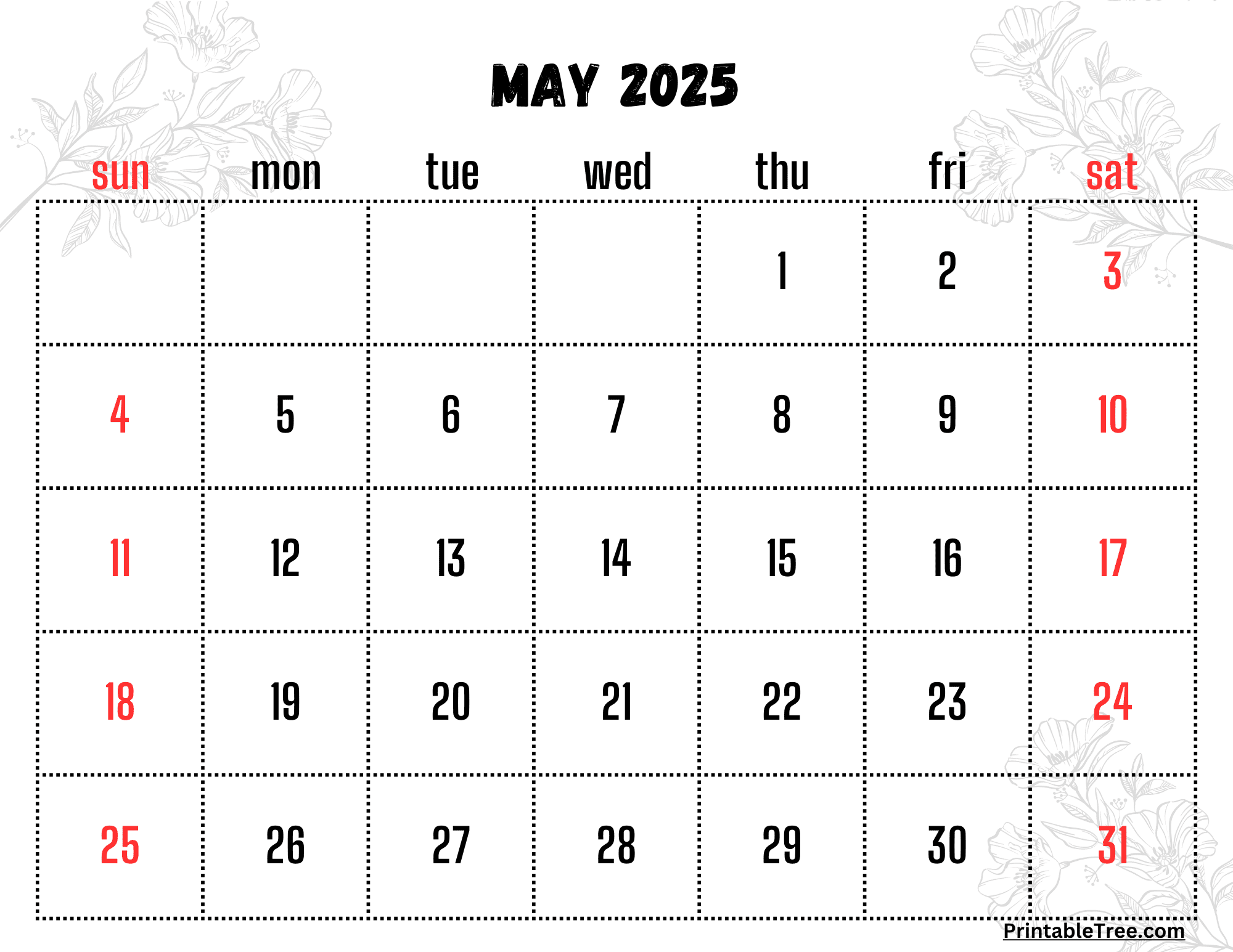 May Printable Calendar 2025