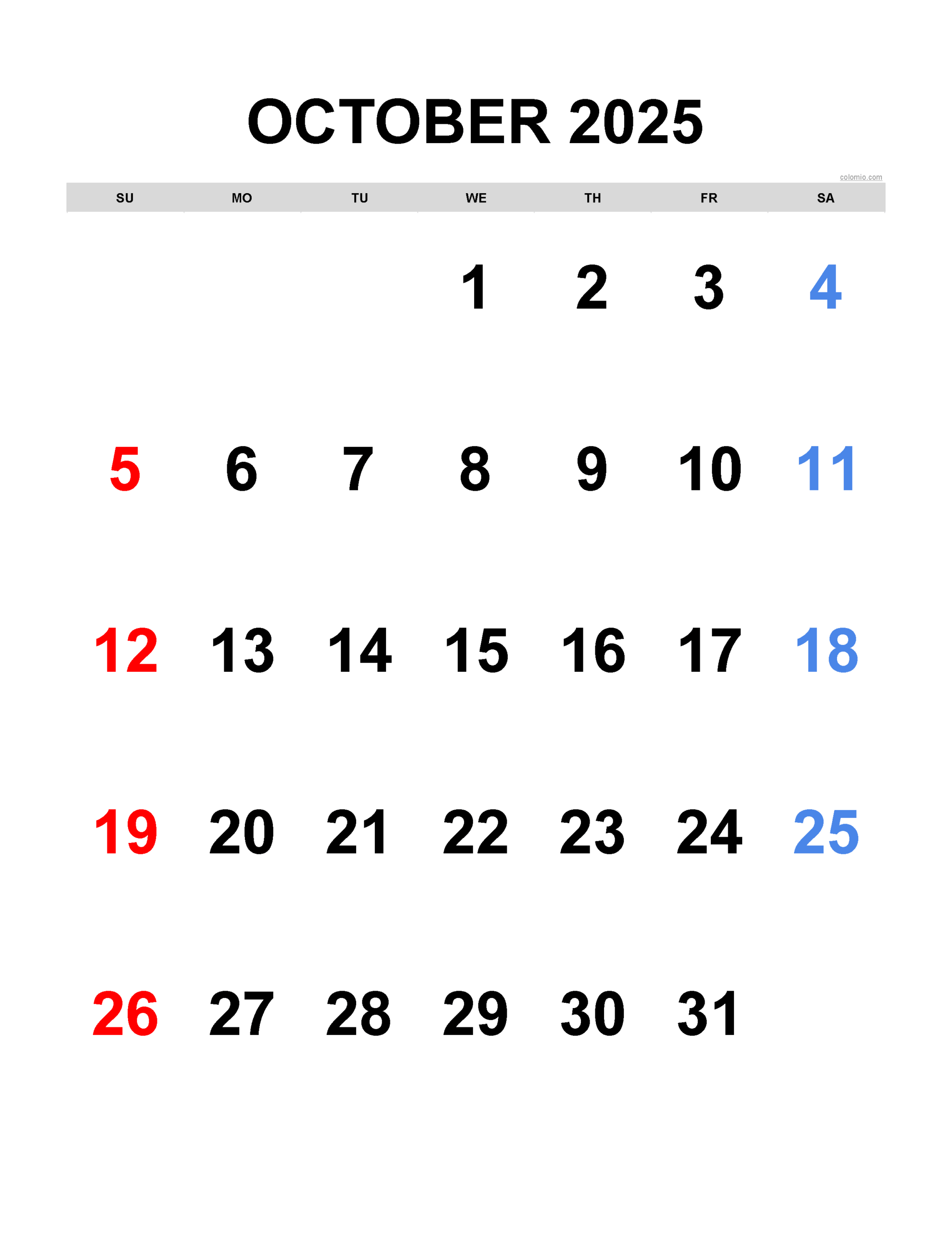October 11 2025 Calendar