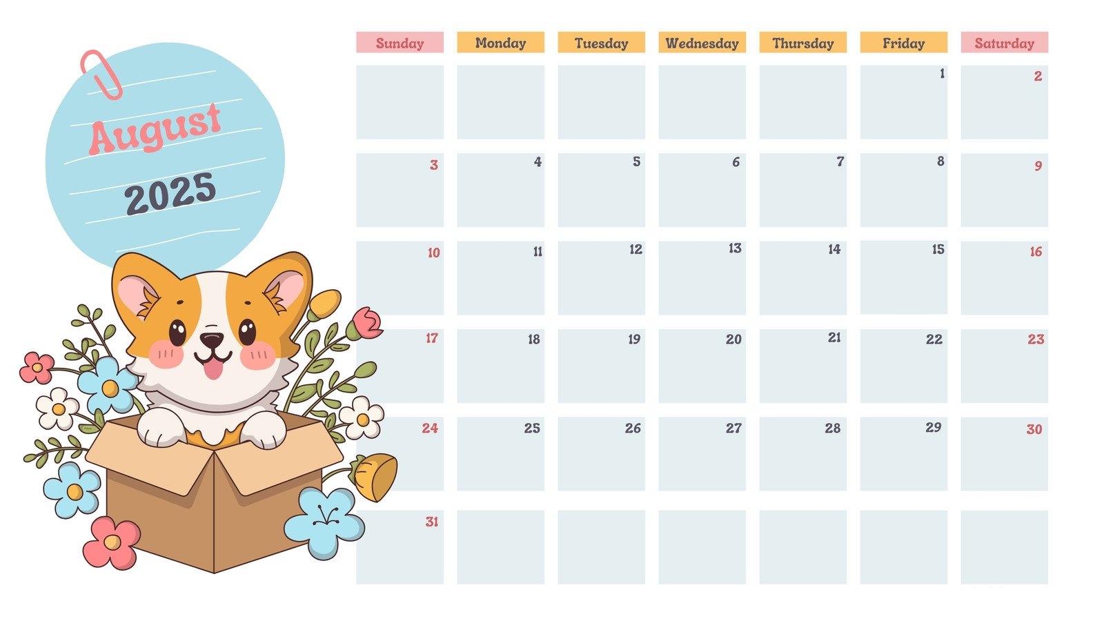 August Calendar 2025 Cute