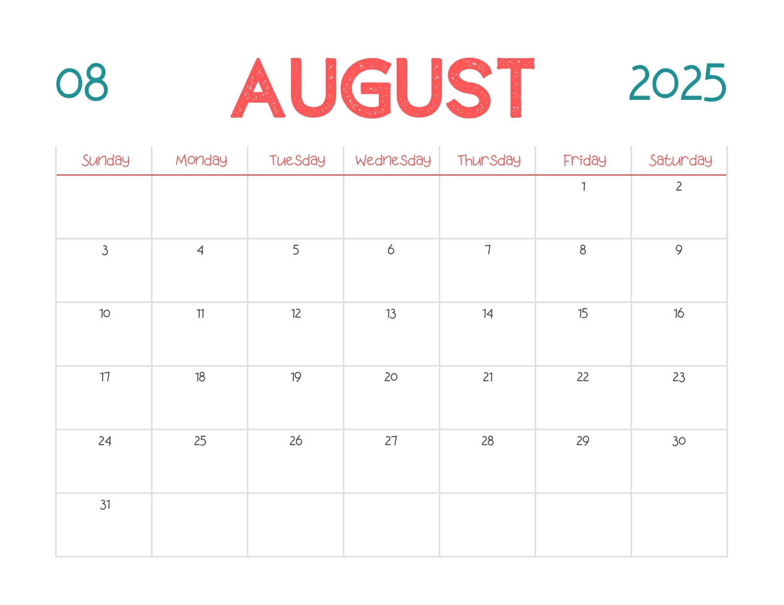 Free Printable August 2025 Calendar Templates Canva
