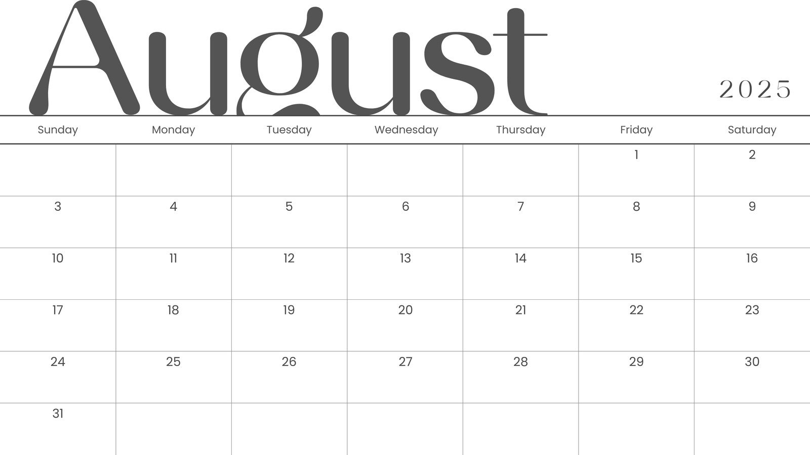 Calendar For August Of 2025
