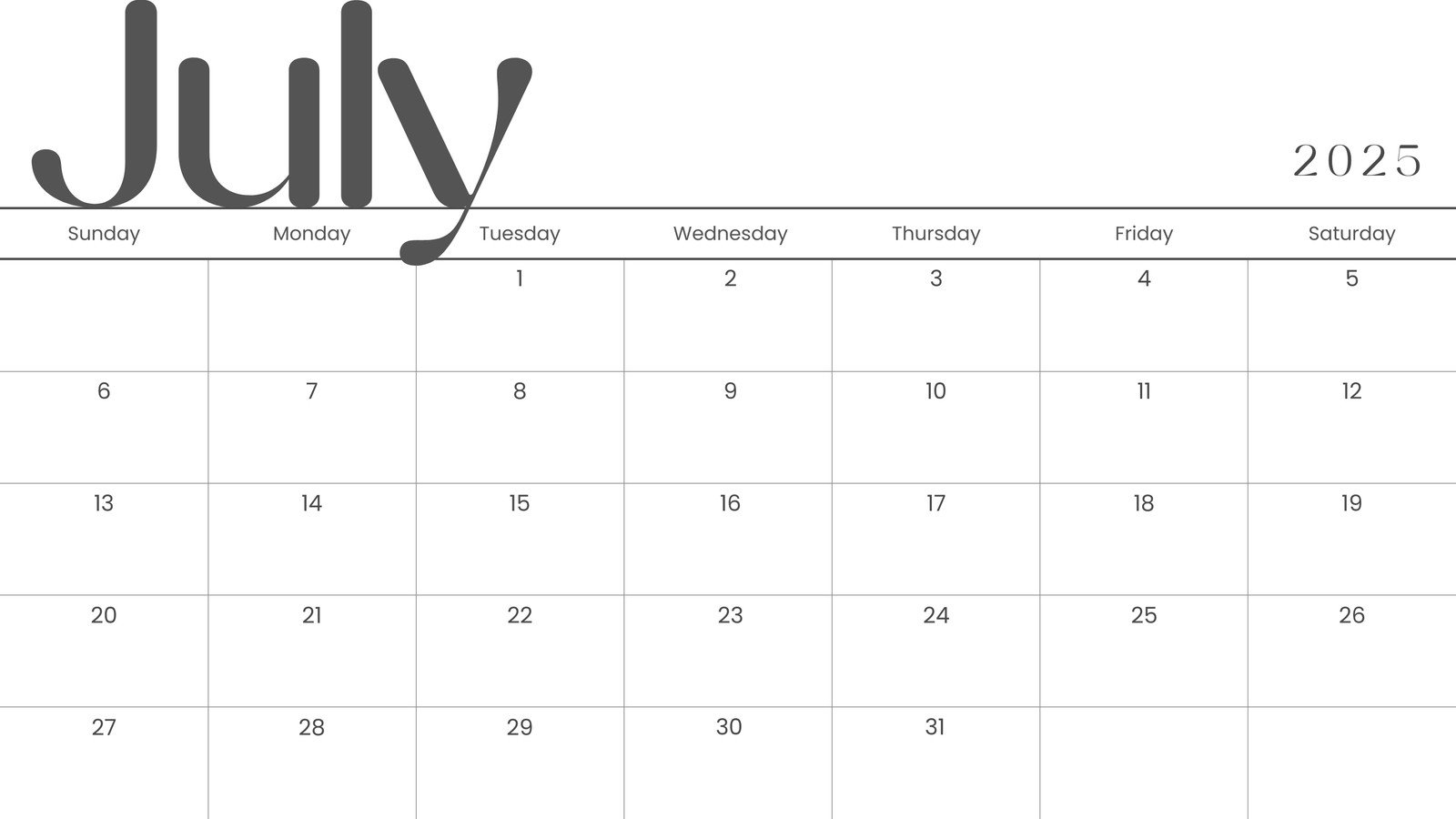 July 2025 Calendar Word