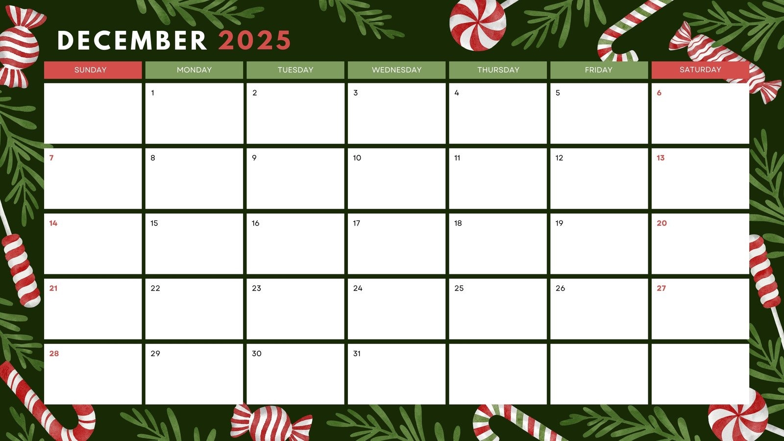 Blank 2025 December Calendar