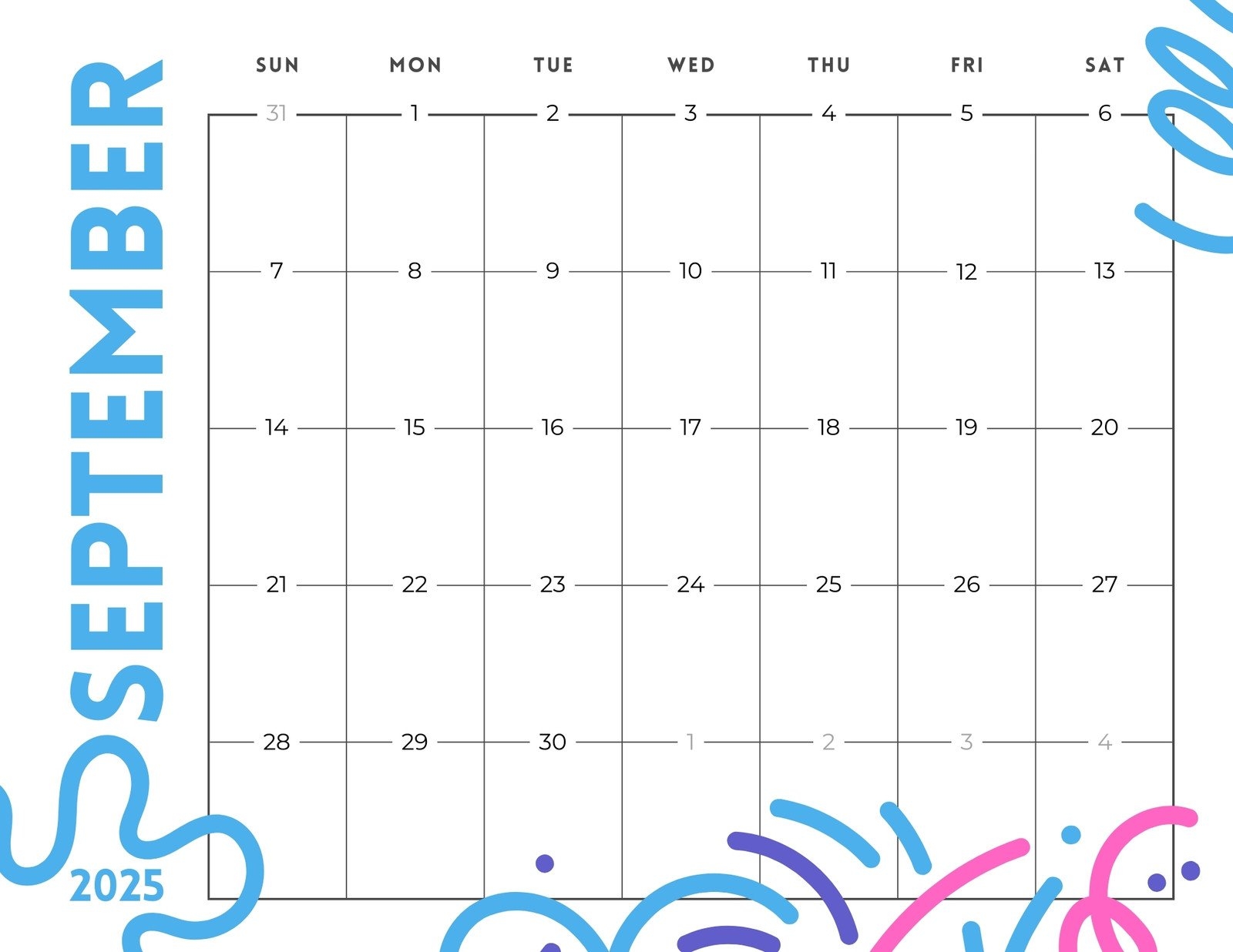 Monthly Calendar 2025 September