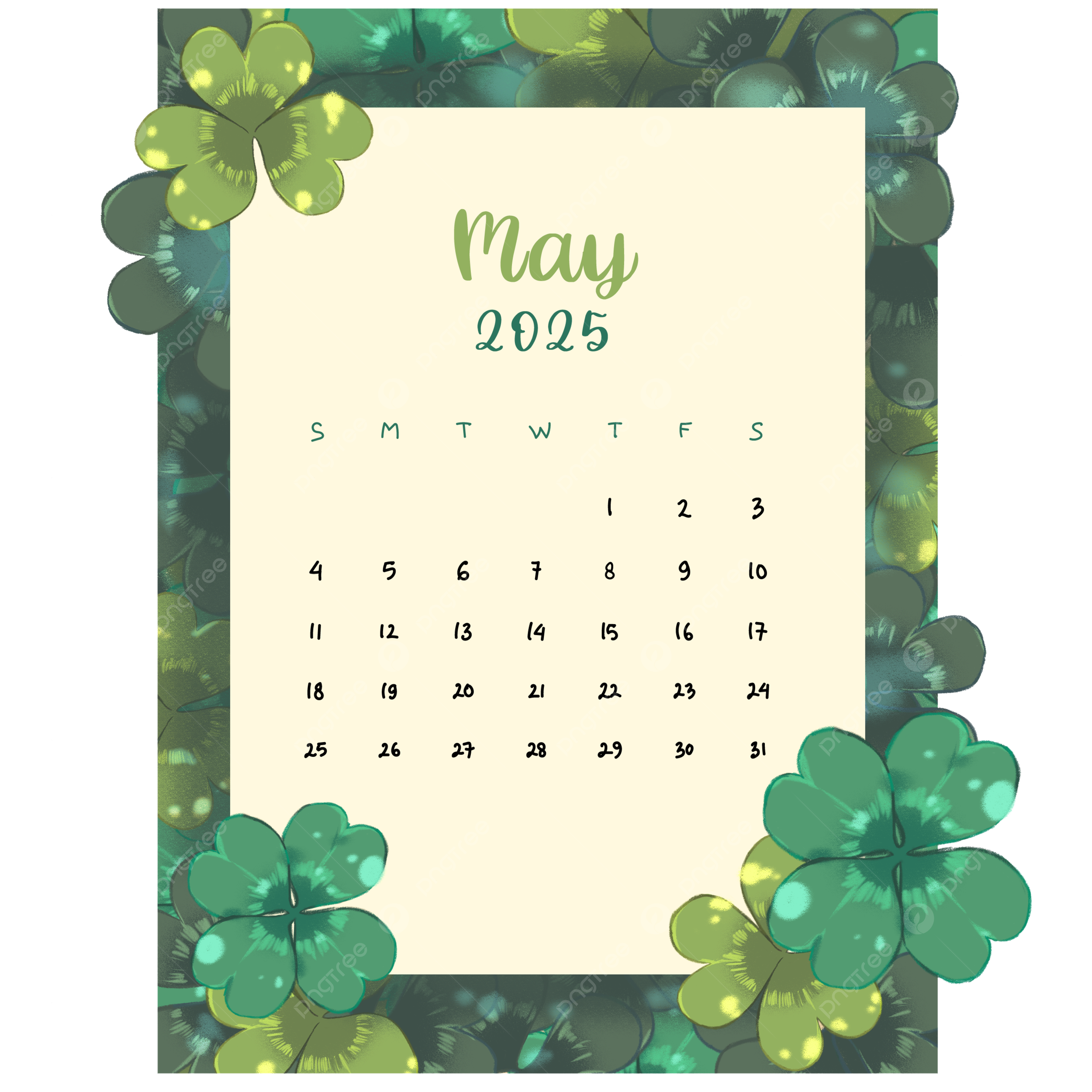 Green Clover Monthly May Calendar 2025 Vector May Calendar 2025 