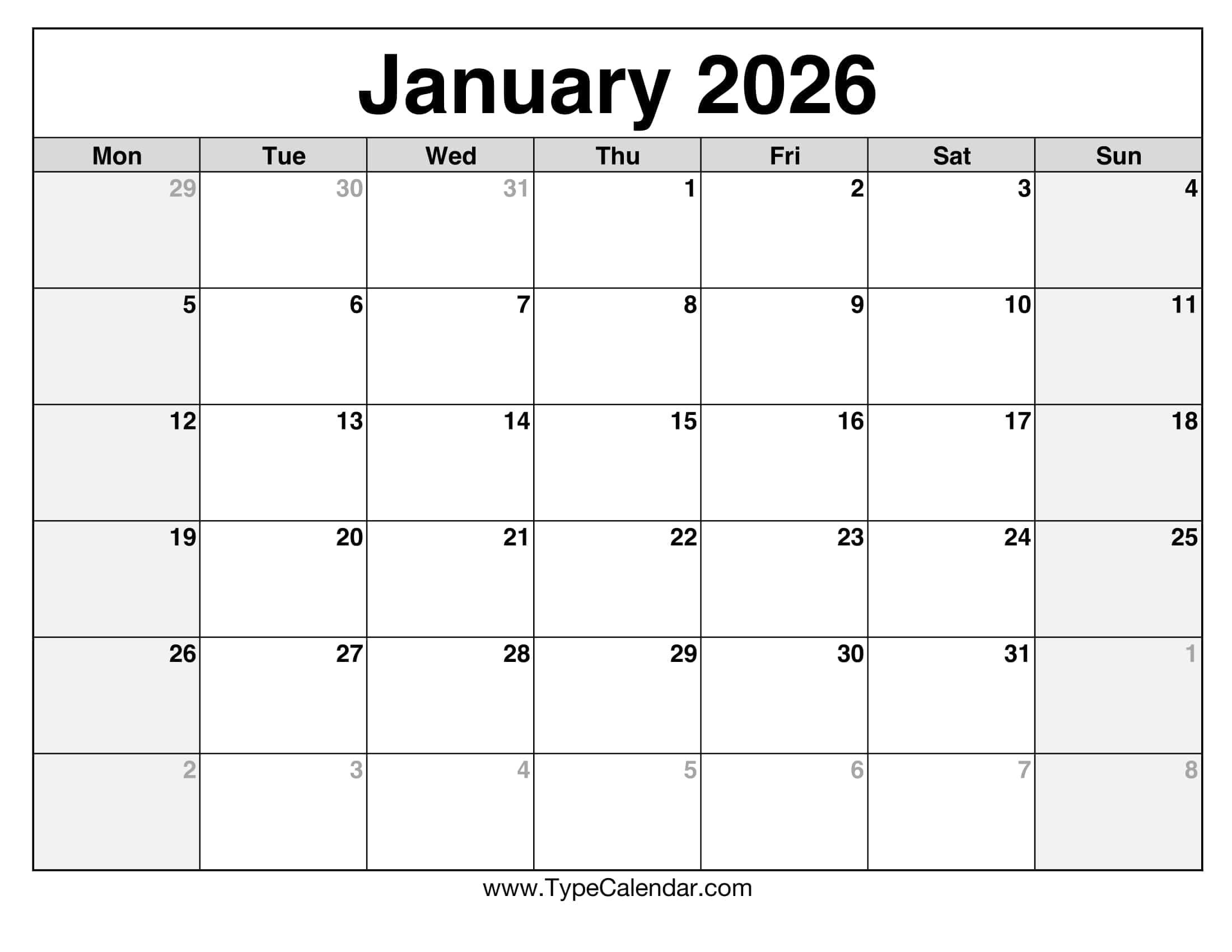 January 2026 Calendars Free Printable Templates
