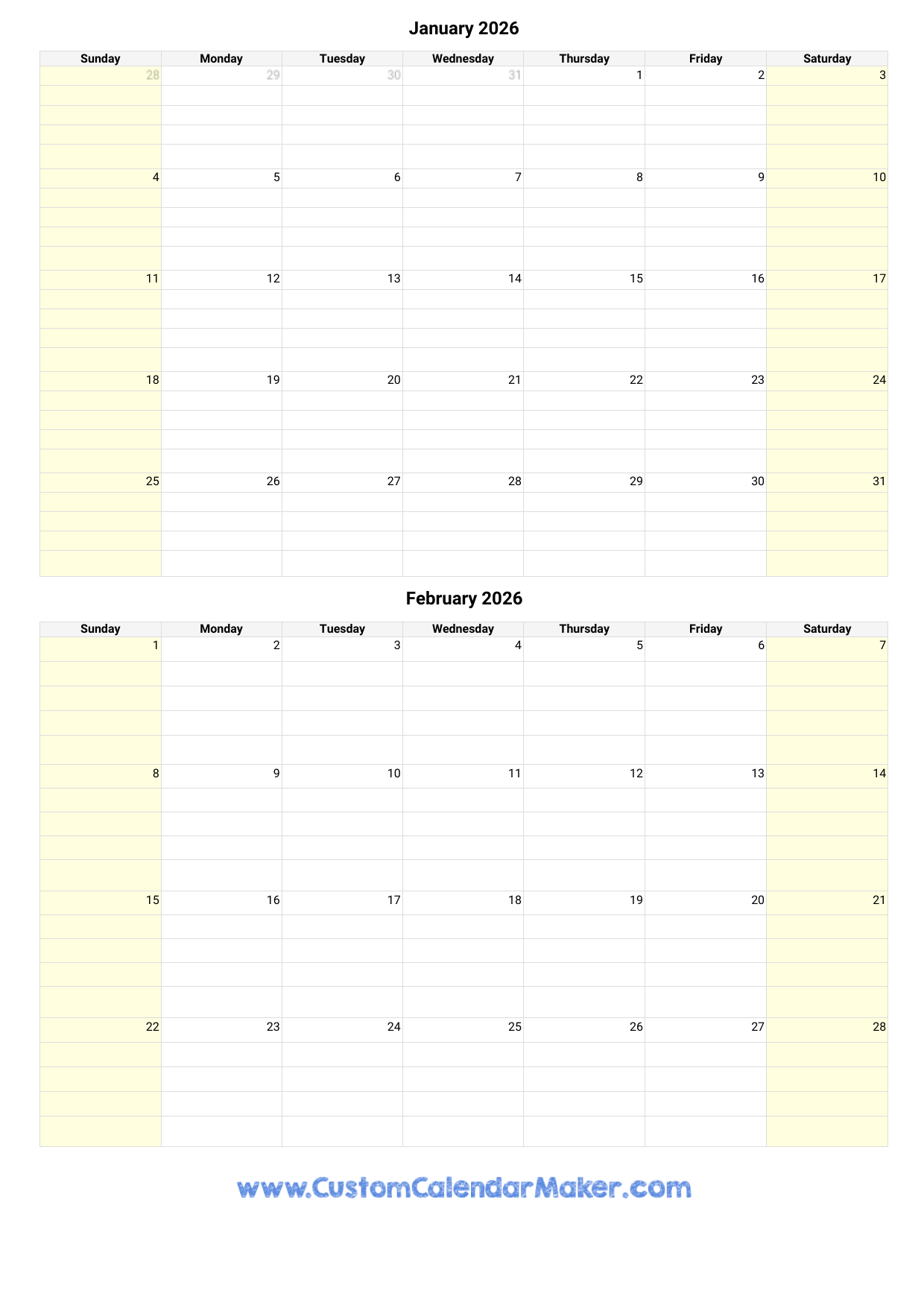 January February 2026 Calendar