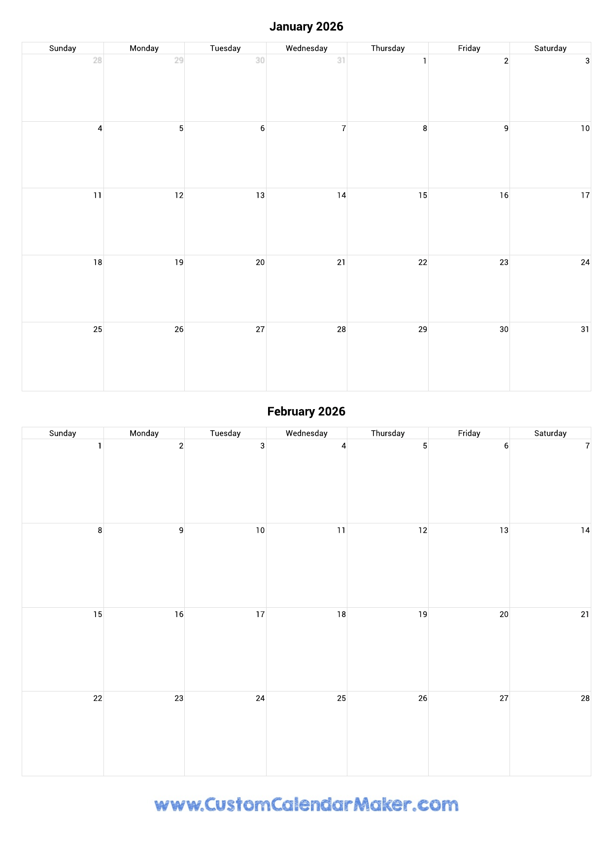 Calendar For January And February 2026