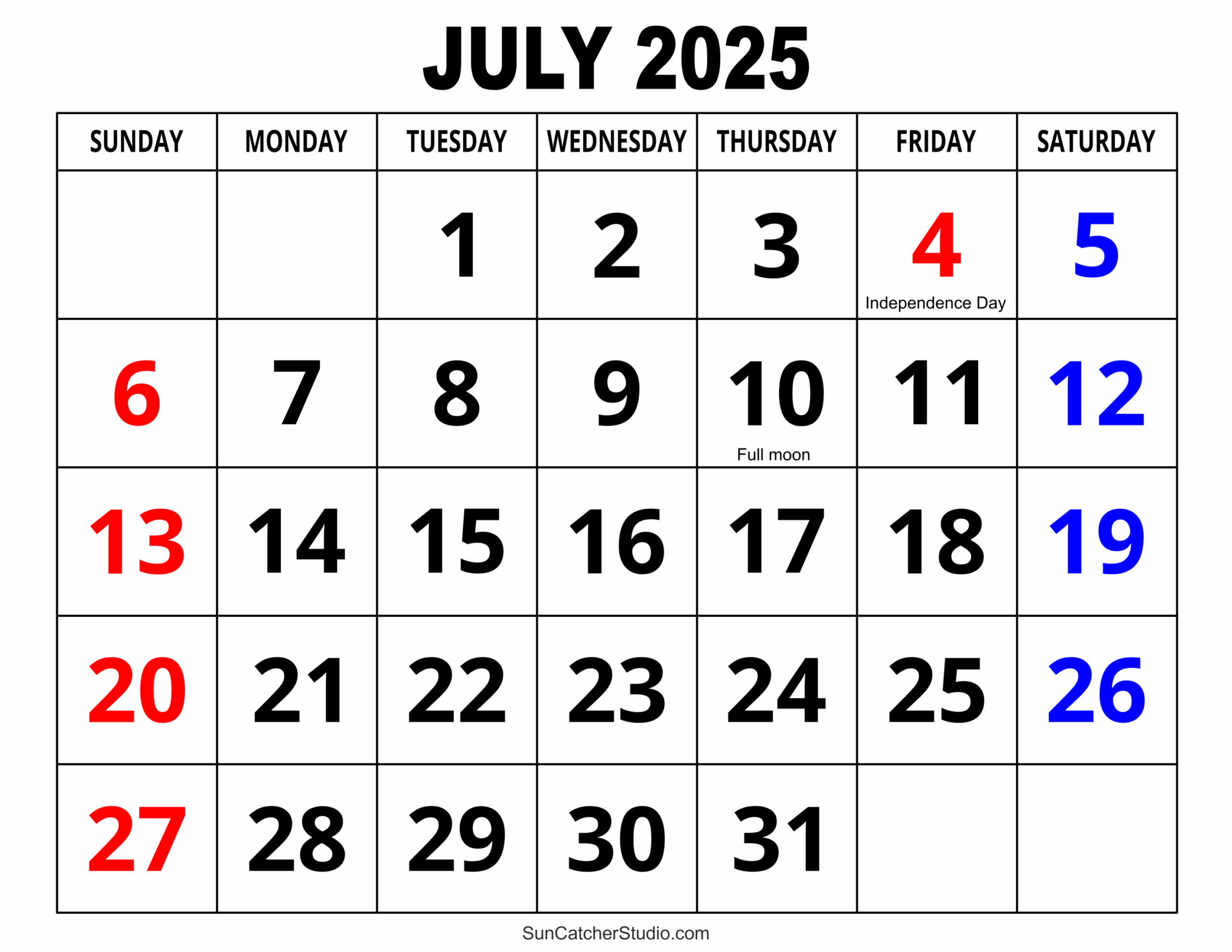 July 2025 Calendar With Notes