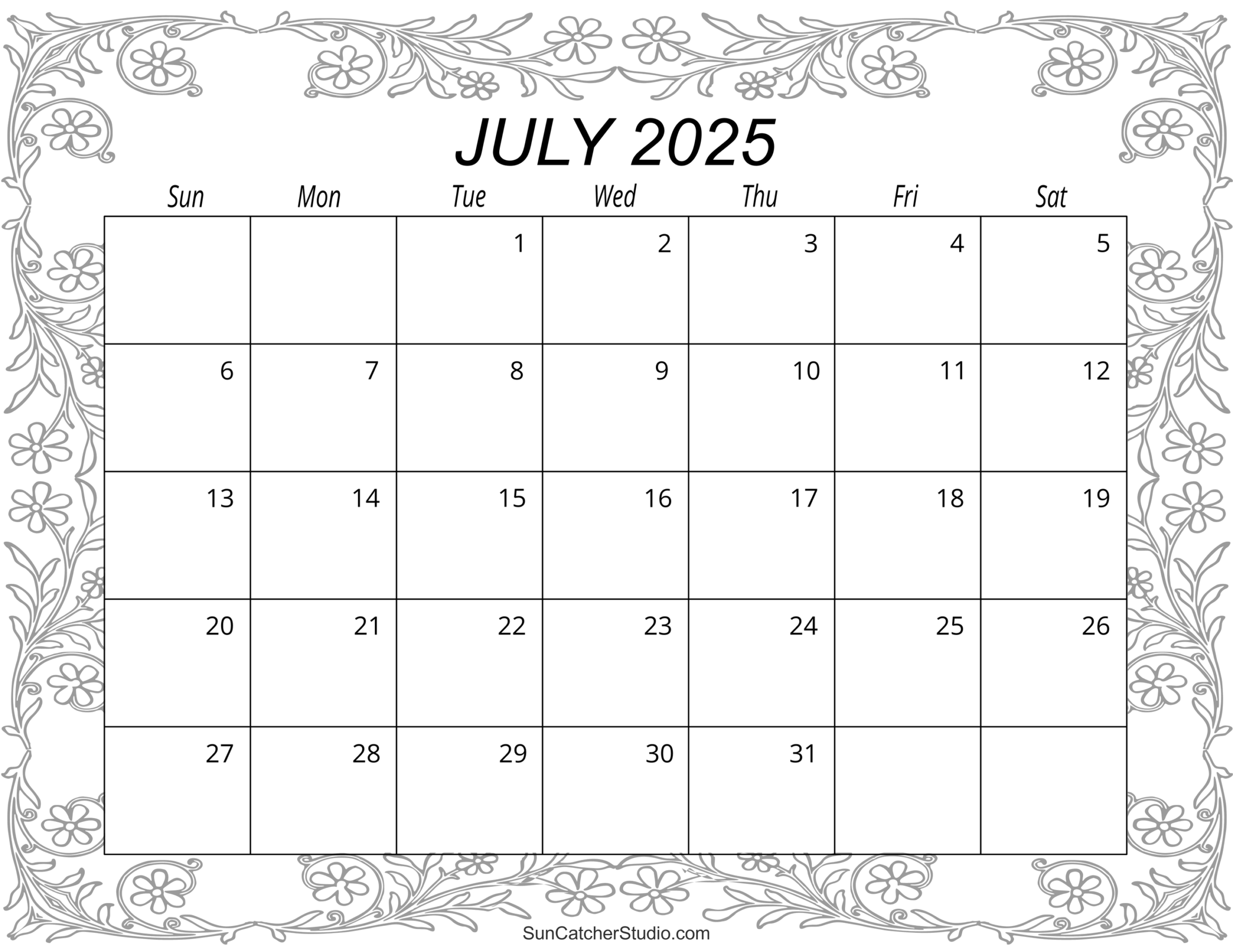 Blank July 2025 Calendar Printable