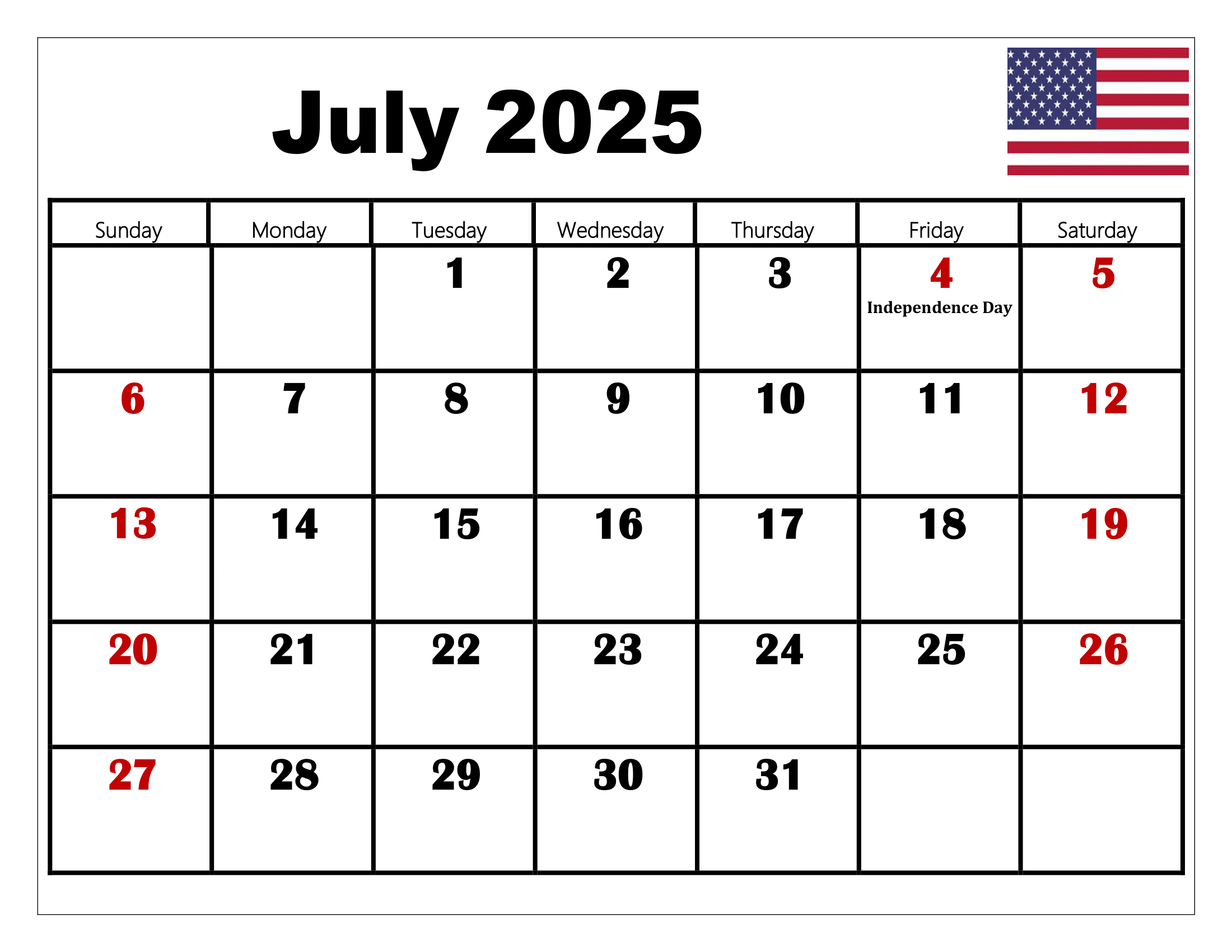 Free Calendar July 2025