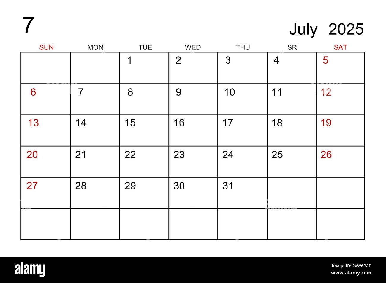 July 2025 Calendar Template On White Paper Background Stock Photo 