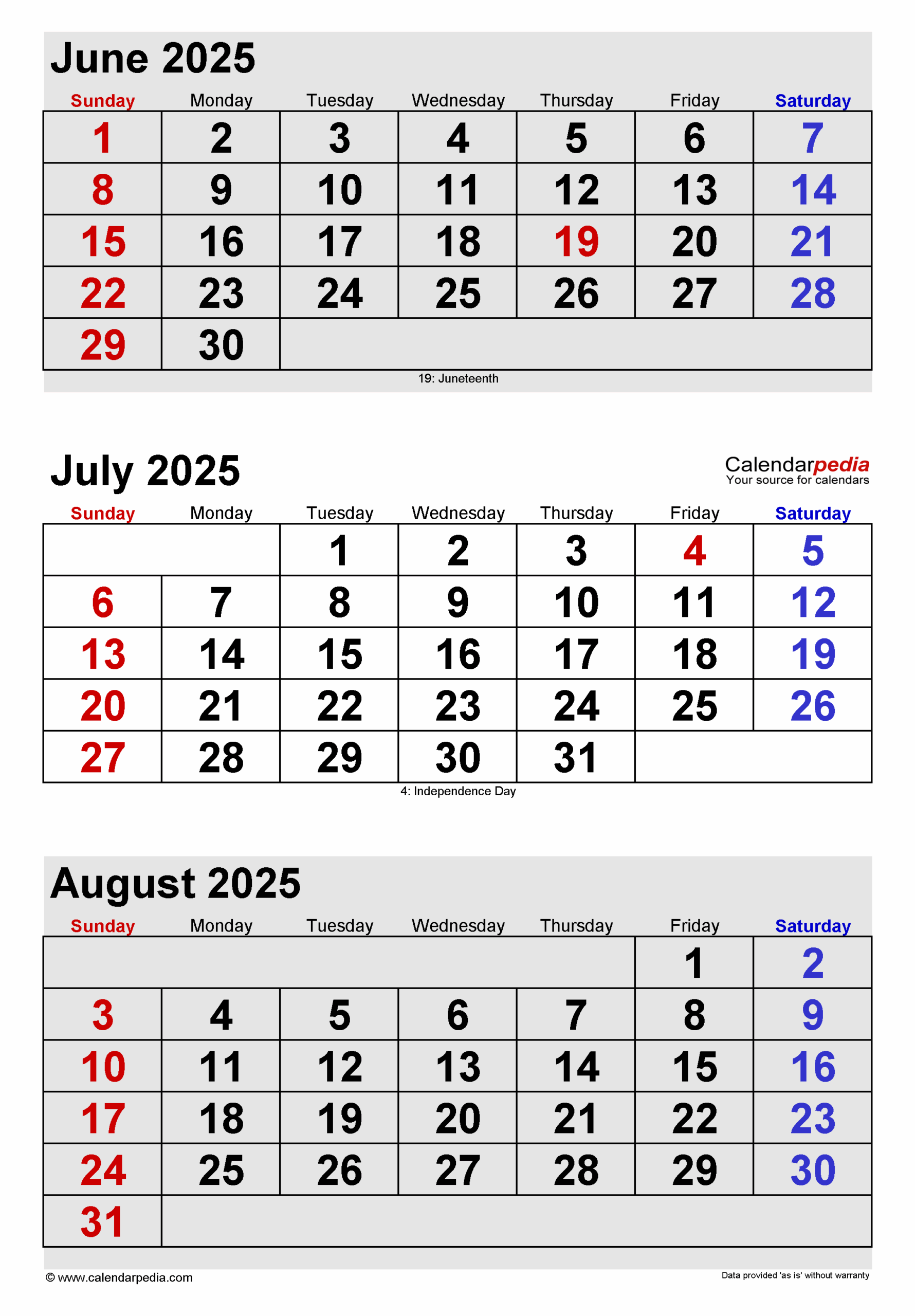 June-August 2025 Calendar