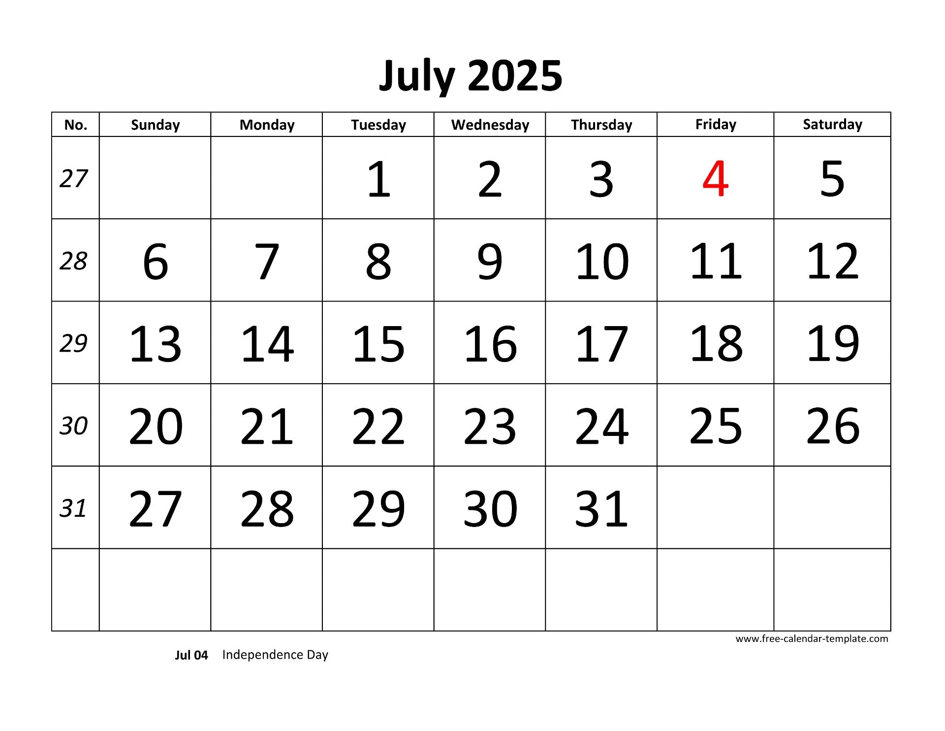 Editable Calendar July 2025