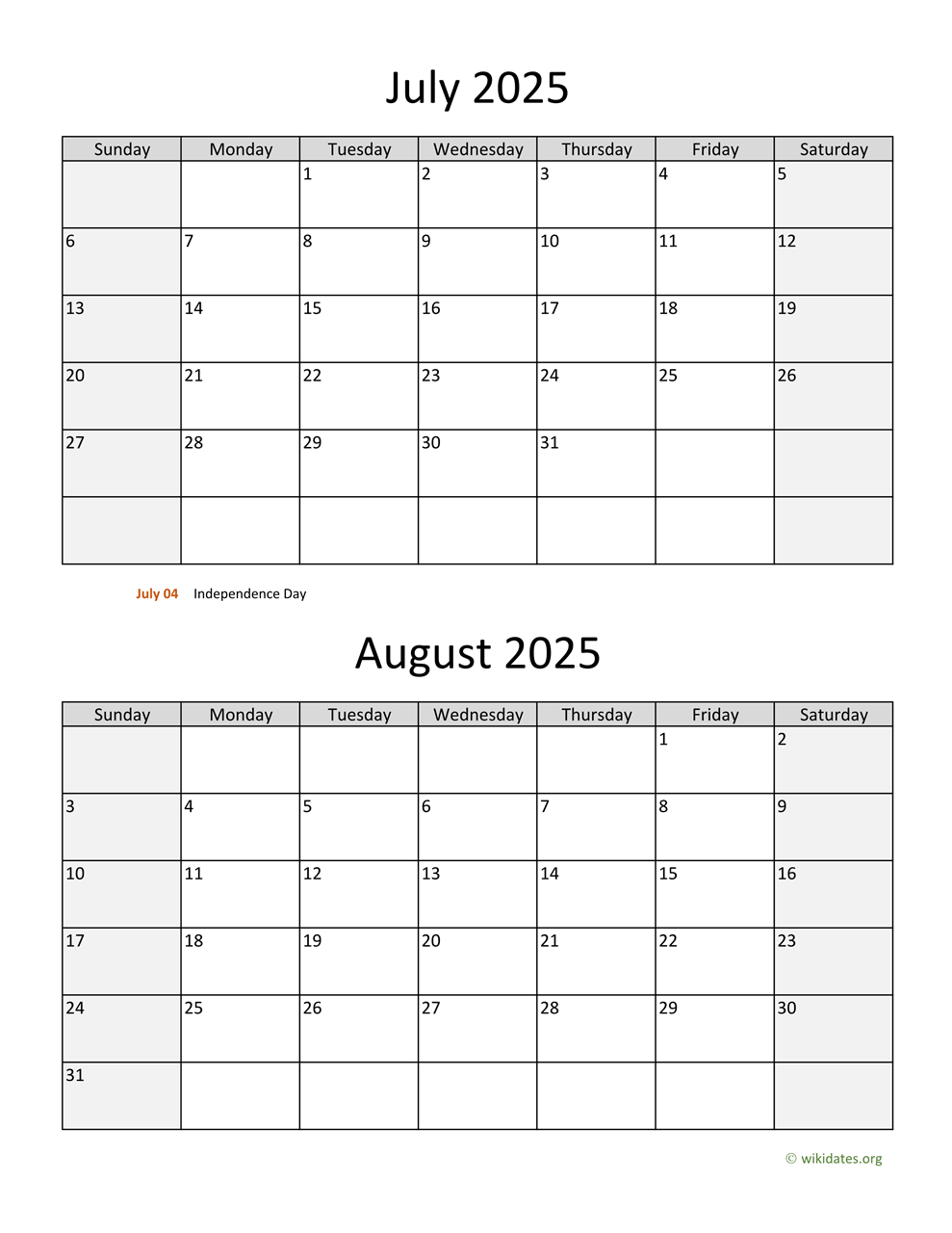 Calendar June July August 2025