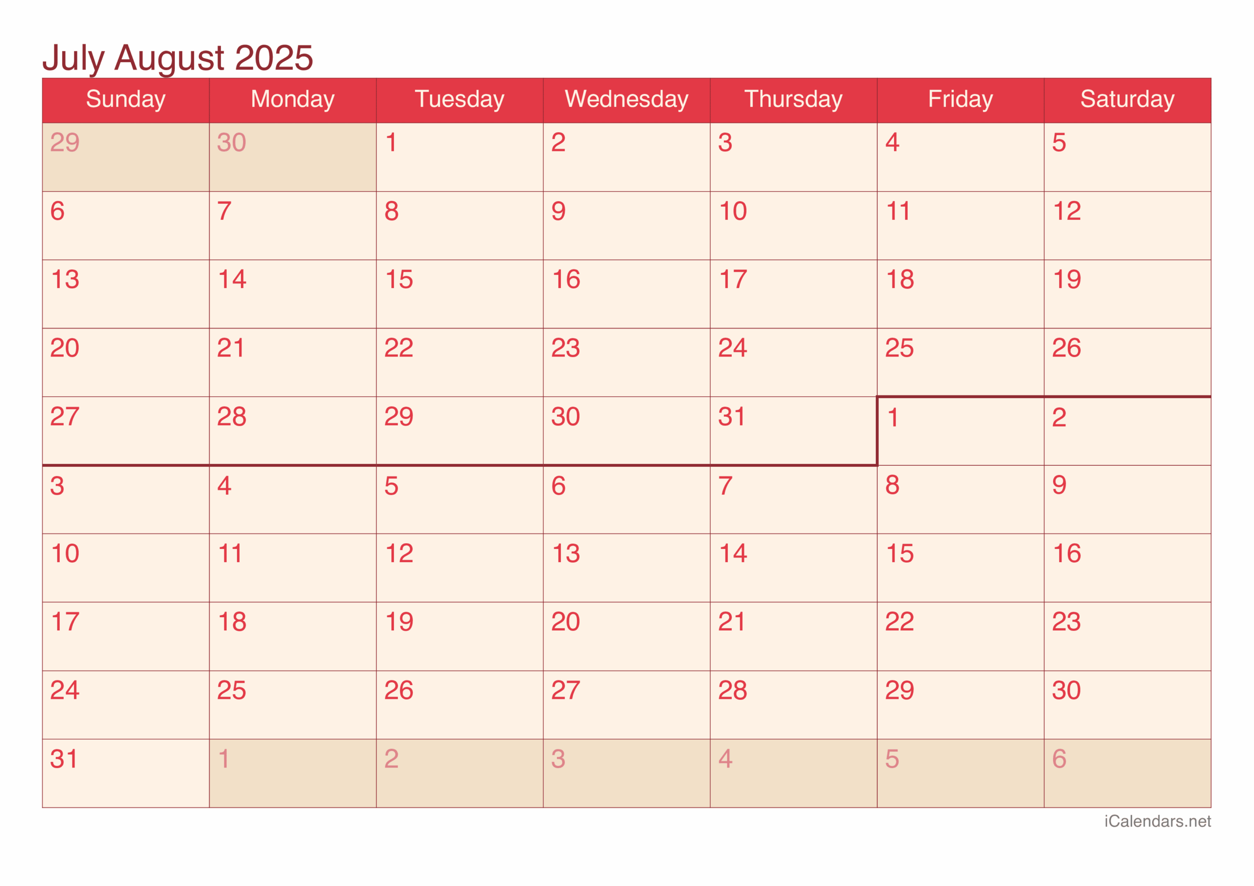2025 June July August Calendar