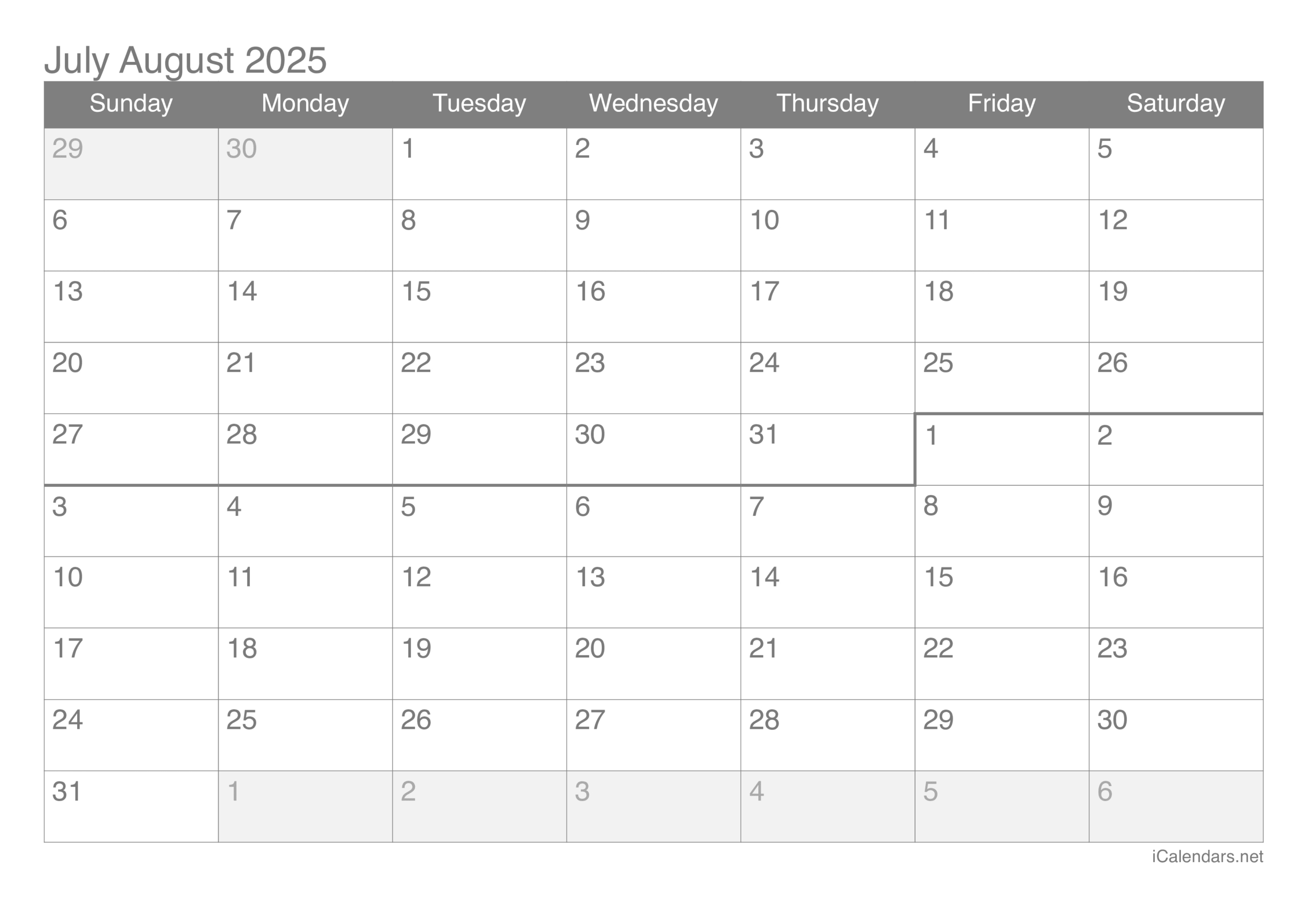 Blank Calendar Pages August 2025