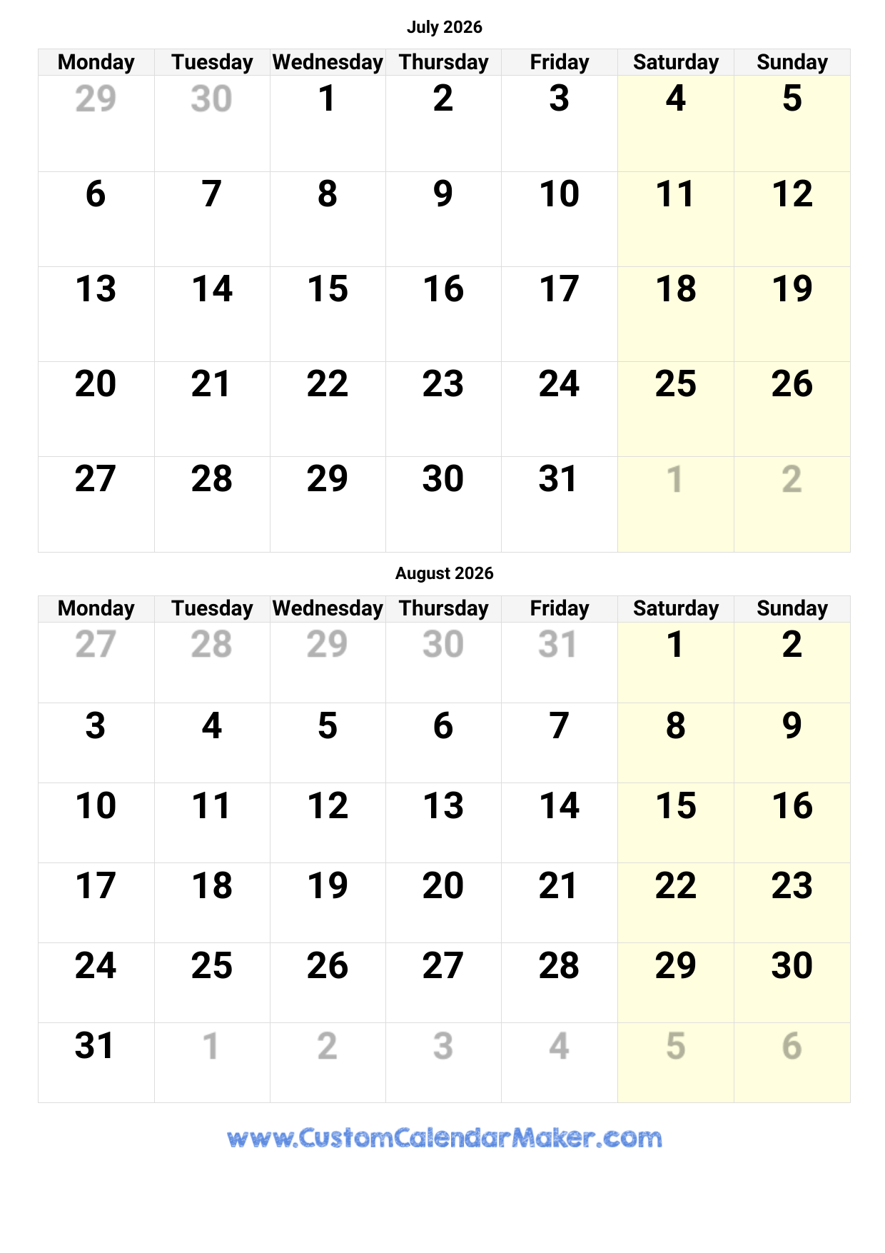 May June July August 2026 Calendar