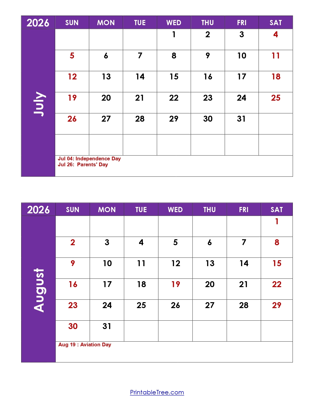 July And August 2026 Calendar Printable PDF 2 Month Calendar Template