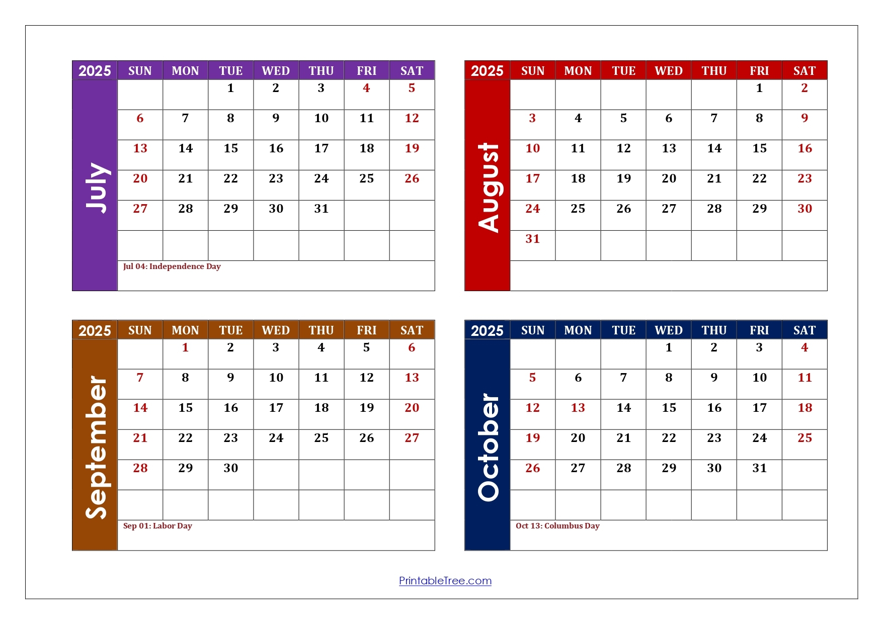 July To October 2025 Calendar Printable PDF Four Months Calendar