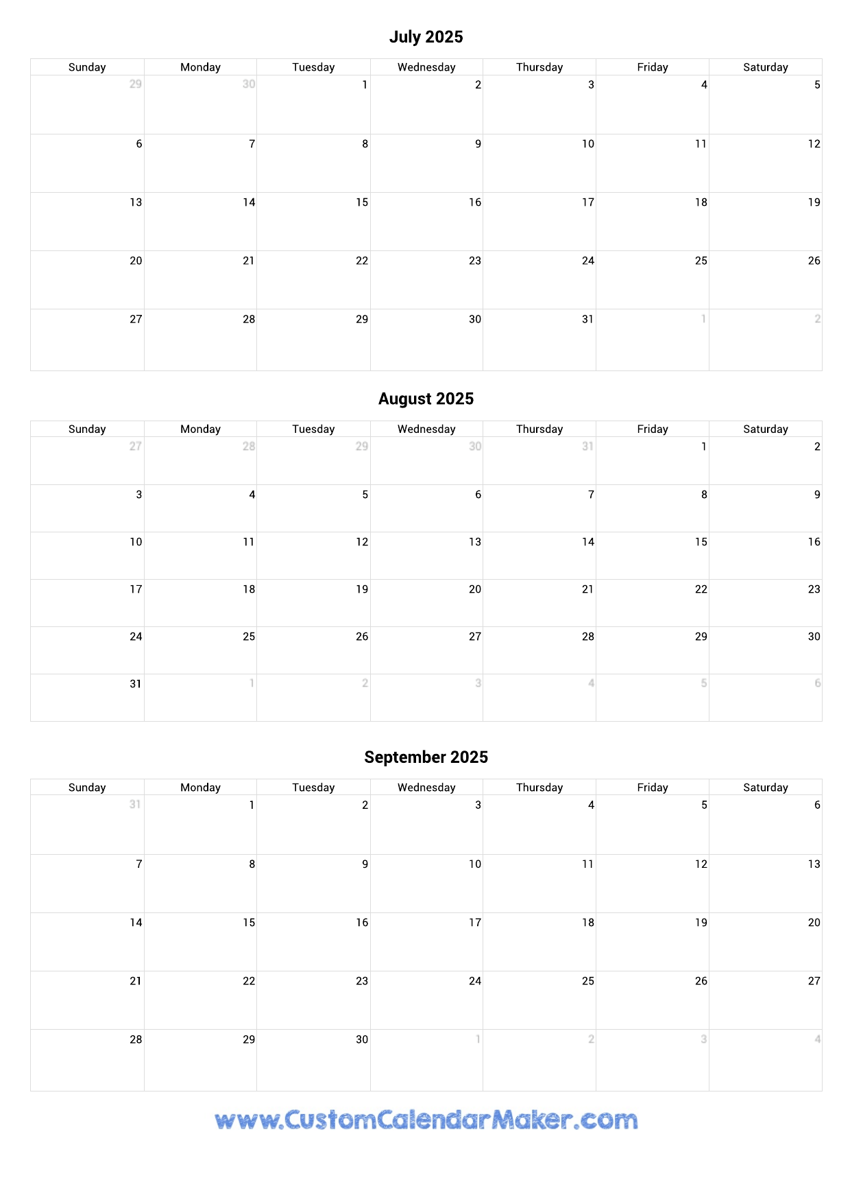 July August September 2025 Calendar